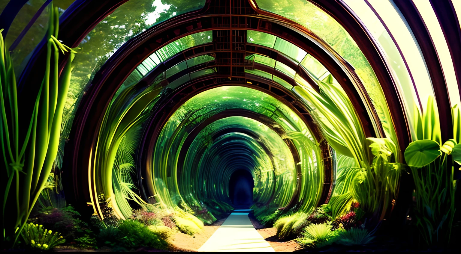 alien worlds，Transparent tunnel，Alien plants，Alien decadent landscape，Old photo texture，Photo graininess，bblurry