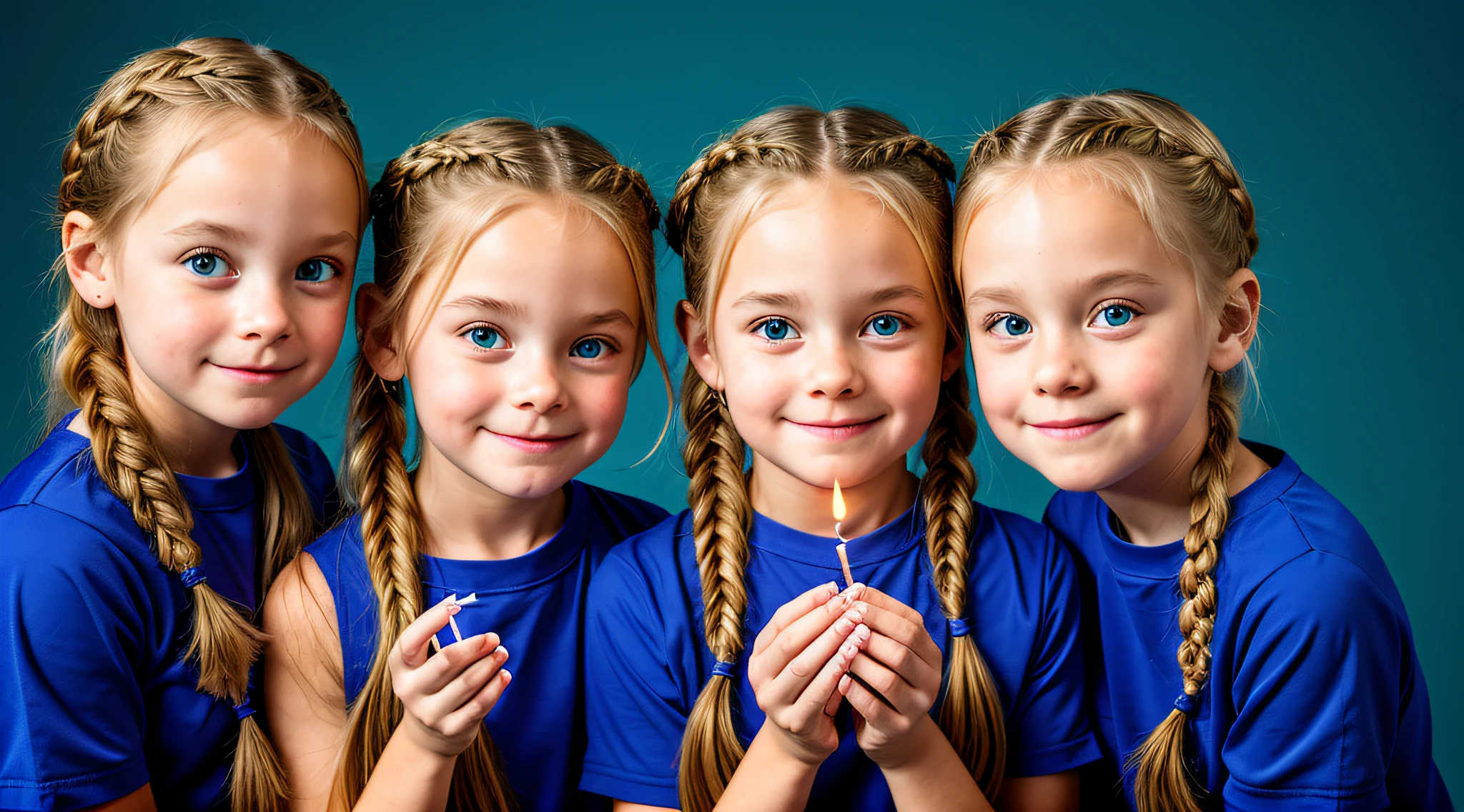 Three blonde girls children in braids holding lit candles in front of a blue background, 3 sisters look into the mirror, color studio portrait, s jovens, in a row, simetria!! retrato, childrens, profissionalmente retocado, beautiful highly symmetric faces, childrens, Directed by: Jan Rustem, pintado digitalmente, identical picture, symmetrical centered portrait, twins, photo illustration, Clones