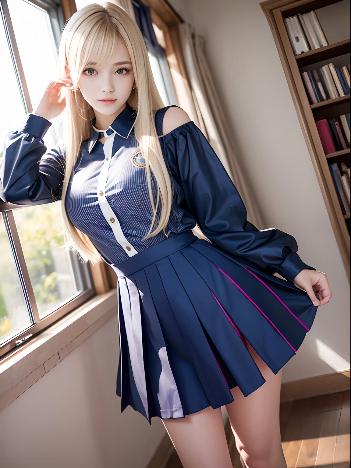 portlate、School Uniforms、bright expression、poneyTail、Young shiny shiny white shiny skin、Best Looks、Blonde reflected light、Platinum blonde hair with dazzling highlights、shiny light hair,、Super long silky straight hair、Beautiful bangs that shine、Glowing crystal clear attractive big blue eyes、Very beautiful nice cute girl、Lush bust、smil、full body seen、With slit、