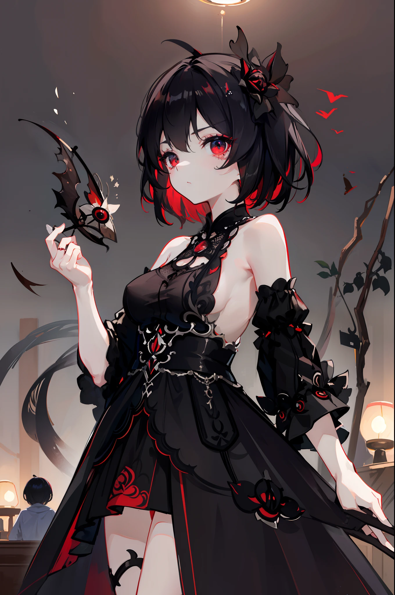 Simple background、(top-quality、8K、masterpiece:1.3)、 Highly detailed facial and skin texture、{Very delicate red fishing eyes}、二重まぶた、de pele branca、(with round face:1.5)、A dark-haired、Beautie、{A dark-haired、Medium Hair}、{Medium Hair}、gothic atmosphere、{Black rose hair accessories on the left and right sides of the head:1.5}、Red Fishing Eye、22year old