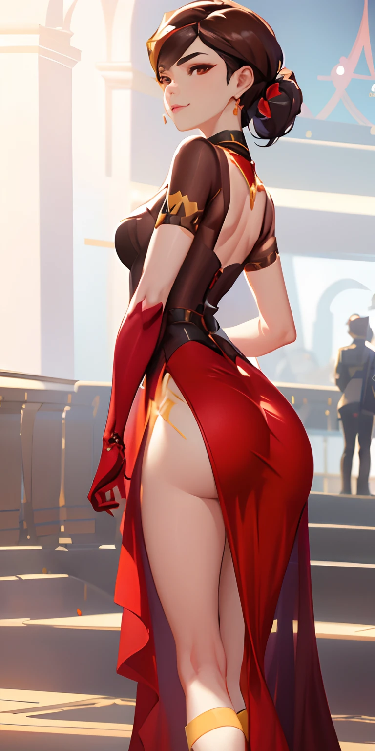 there is a woman in a dress that is standing on a red carpet, tracer in a skintight dress, elegant cinematic pose, 2b, 2 b, trending on cgstation, doing an elegant pose over you, cushart krenz key art feminine, revealing outfit, intricate outfit, from overwatch, 8k high quality detailed art, fine details. girls frontline