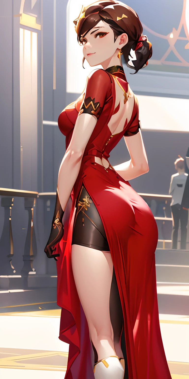 there is a woman in a dress that is standing on a red carpet, tracer in a skintight dress, elegant cinematic pose, 2b, 2 b, trending on cgstation, doing an elegant pose over you, cushart krenz key art feminine, revealing outfit, intricate outfit, from overwatch, 8k high quality detailed art, fine details. girls frontline