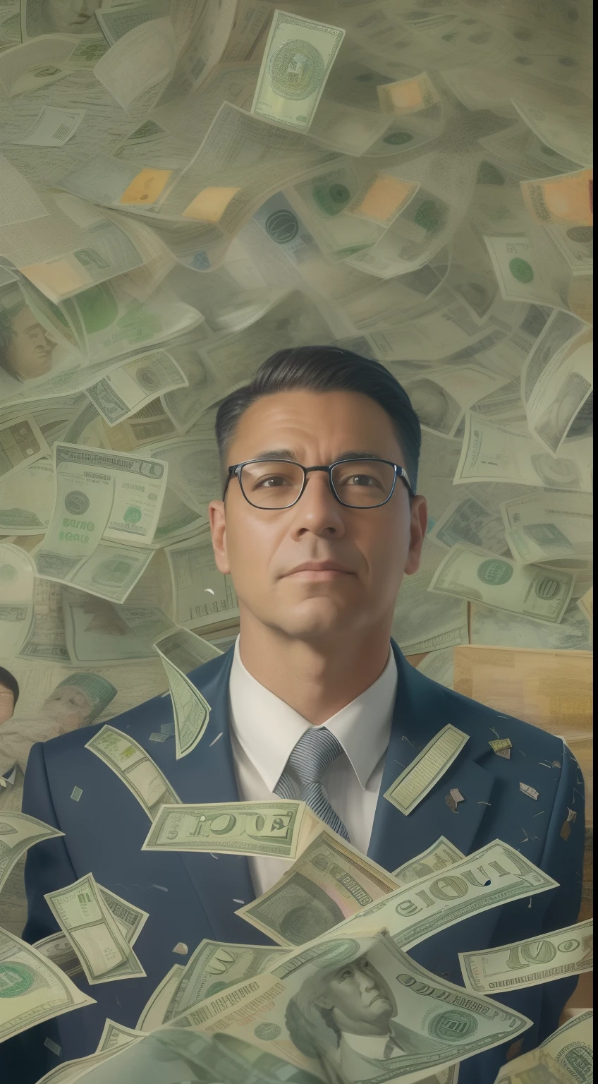 A detailed painting of a person in a suit, surrounded by a flurry of dollar bills, with the book Financial Freedom Formula in the center.