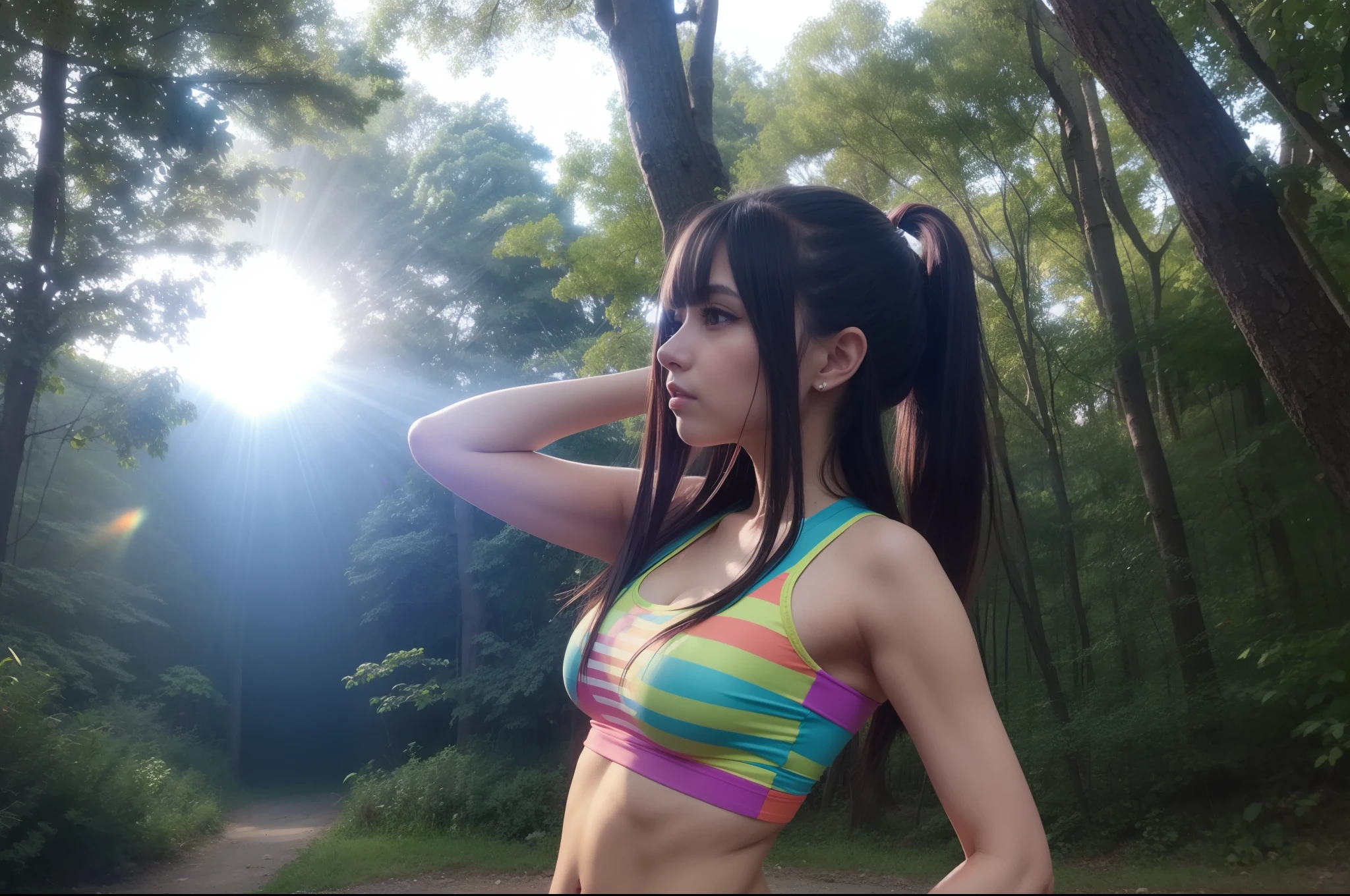 Anime style. In the middle of a large forest in North America a rave is celebrated. Es verano, hace calor, Es de noche y hay hogueras que dan buena luz a la imagen. Una mujer de gran belleza con un look alternativo y pseudo-hippie baila con los brazos abiertos en estado de euforia y trance. (La mejor calidad) (obra maestra)