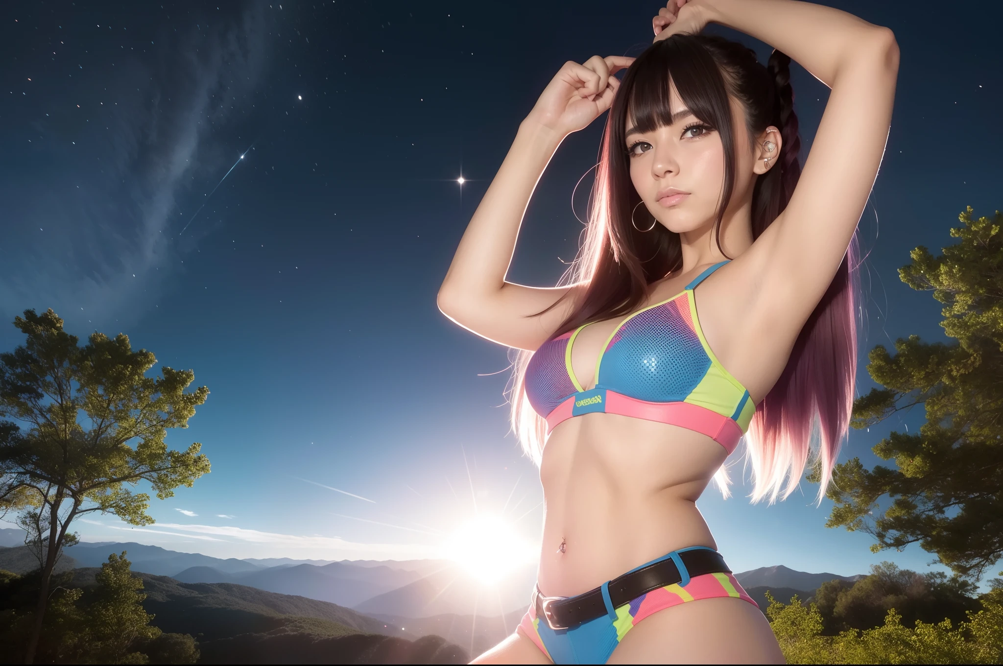 Anime style. In the middle of a large forest in North America a rave is celebrated. Es verano, hace calor, Es de noche y hay hogueras que dan buena luz a la imagen. Una mujer de gran belleza con un look alternativo y pseudo-hippie baila con los brazos abiertos en estado de euforia y trance. (La mejor calidad) (obra maestra)