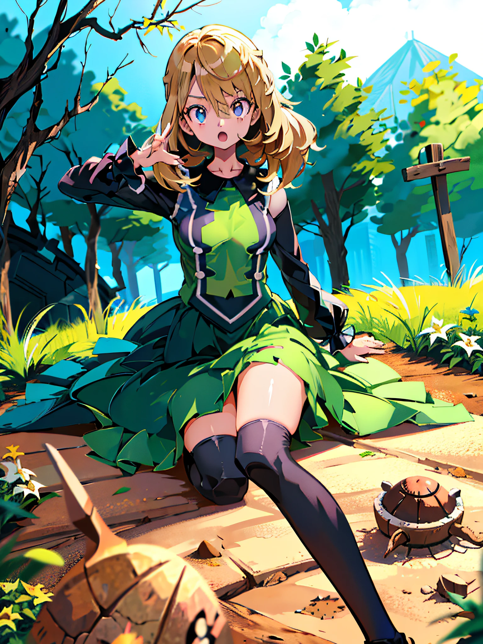 Estilo anime, jogando volei, Bones in the ground and pits, Serena is pointing her finger at the store, extremamente linda, rosto lindo, olhos verdes, cabelo longo e loiro, roupa colorida, ultrarrealista | |, 2D, tem pokemon ao lado