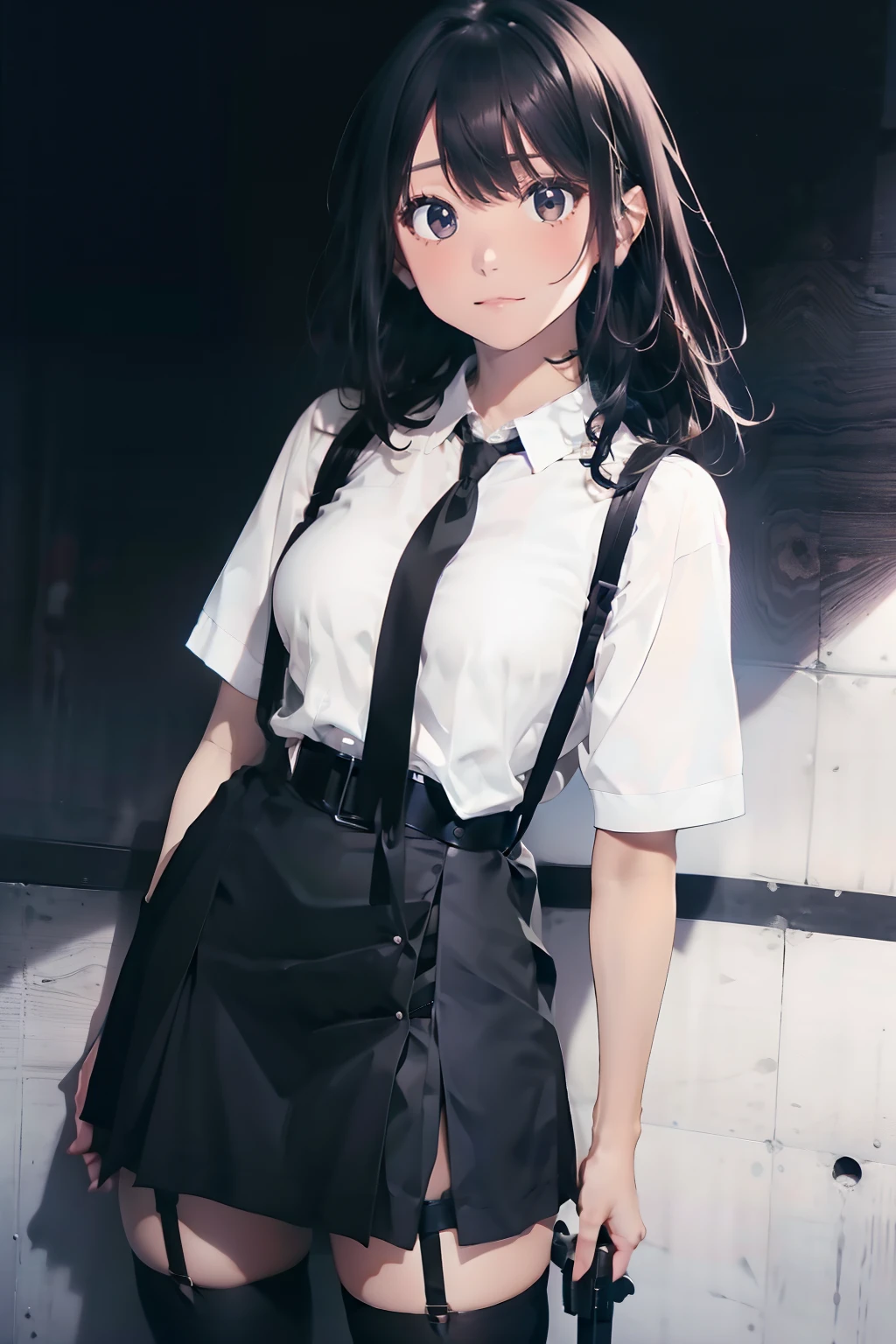 NSFW,masterpiece,highest quality,High resolution,Daiyuko,black hair,(brown eyes:1.5),long hair,two side up,黒ribbon,黒bow tie,黒ribbon,黒skirt,ribbon,bow tie,frillsshirt,frills,Mine series,long sleeve,ネックribbon,(ピンクshirt:1.5),ribbon,shirt,skirt,白shirt,lace panties,City of night,1 girl,shy,face is turning red,(wet:1.5)