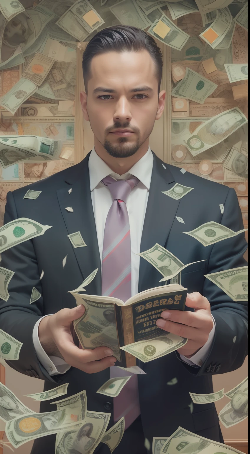 A detailed painting of a person in a suit, surrounded by a flurry of dollar bills, with the book Financial Freedom Formula in the center.