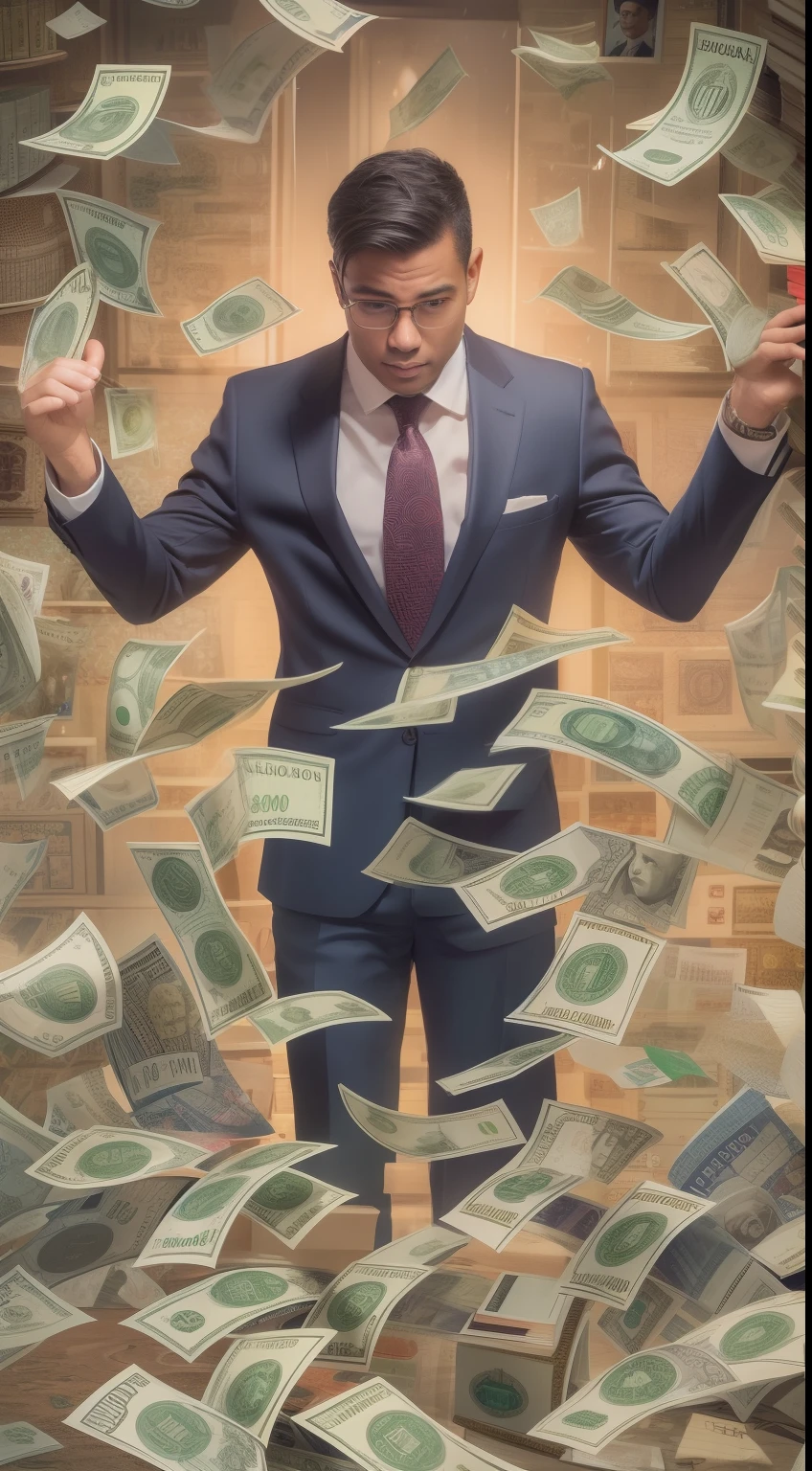 A detailed painting of a person in a suit, surrounded by a flurry of dollar bills, with the book Financial Freedom Formula in the center.