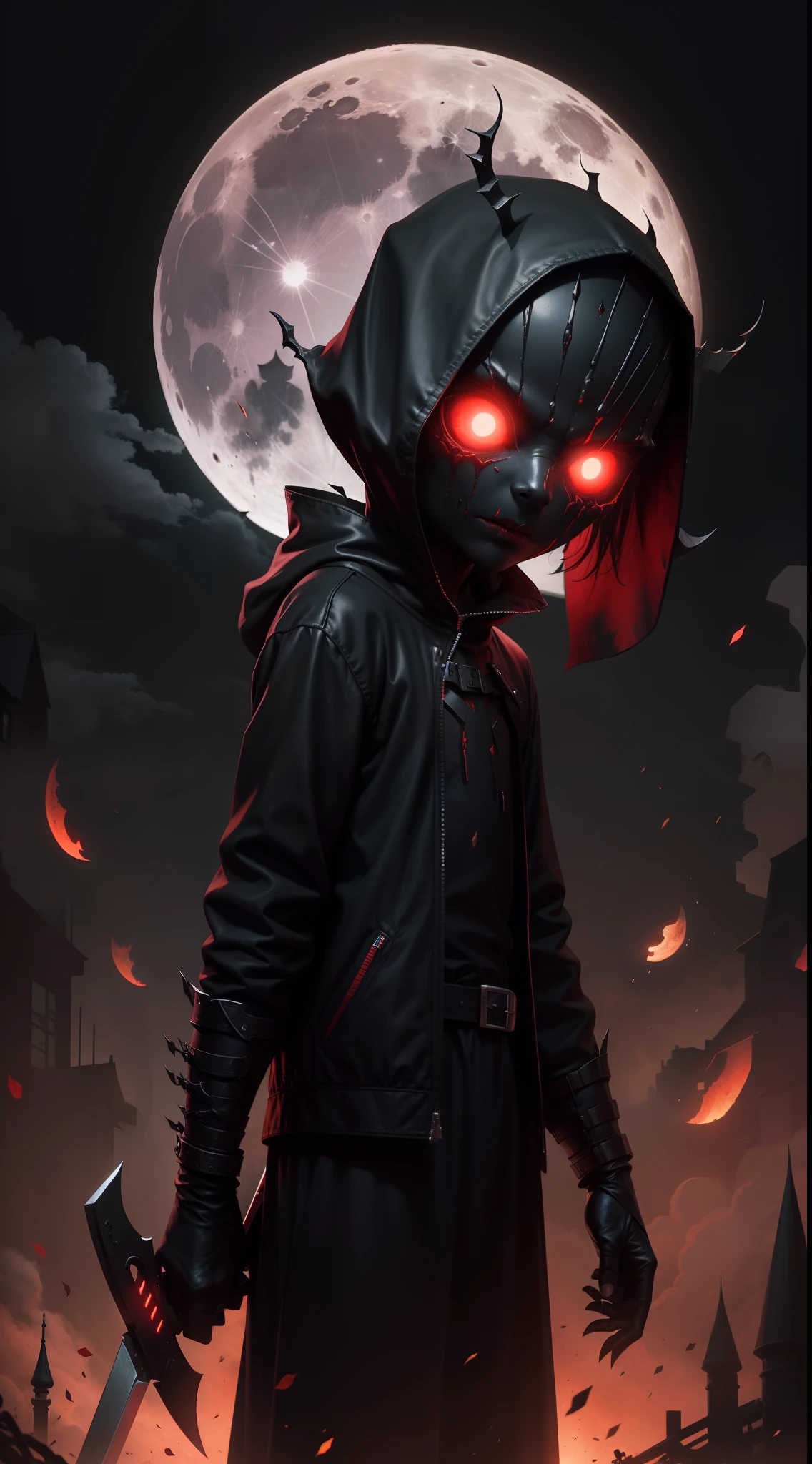 a demonic faceless small_humanoid, with two bladed weapons, scary, horror, night, dark, fall weather, full moon, glowing red eyes, evil, 1600s
