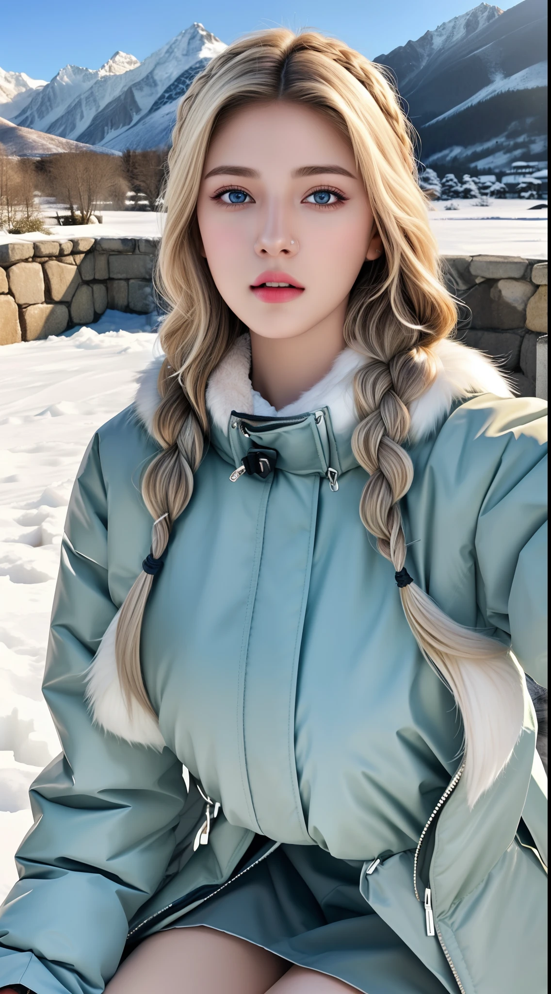 (hyperrealistic), (illustration), (high resolution), (8K), (extremely detailed), (best illustration), (beautiful detailed eyes), (best quality), (ultra-detailed), (masterpiece), (wallpaper), (photorealistic:1.4), (natural light), (rim lighting), (detailed face), high detailed realistic skin texture, anatomically correct, solo, 1 girl, (high detailed realistic long white hair:1.5), (two braided hair:1.4), heterochromic eyes, (detailed blue eyes), small moles under the eyes, (realistic huge breasts:1.5), long legs, tight abs, dynamic pose, (closed mouth:1.37), (long winter Parka with fur only at the collar:1.4), (upon body from head to thighs:1.4), (Beautiful Cute Pakistani Woman:1.55), standing, outdoor, snowing, winter,