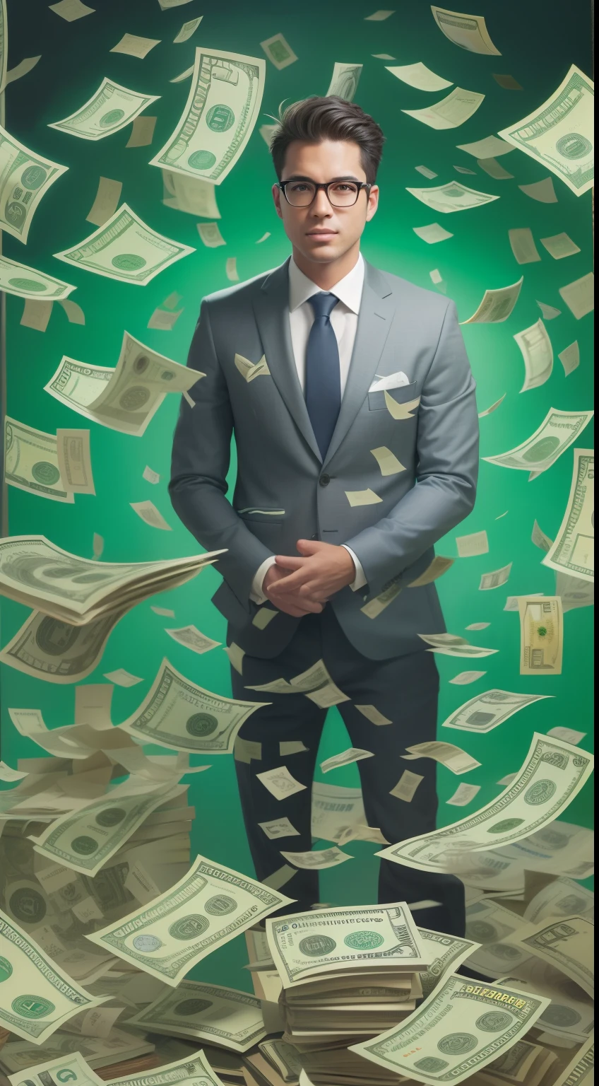 A detailed painting of a person in a suit, surrounded by a flurry of dollar bills, with the book Financial Freedom Formula in the center.