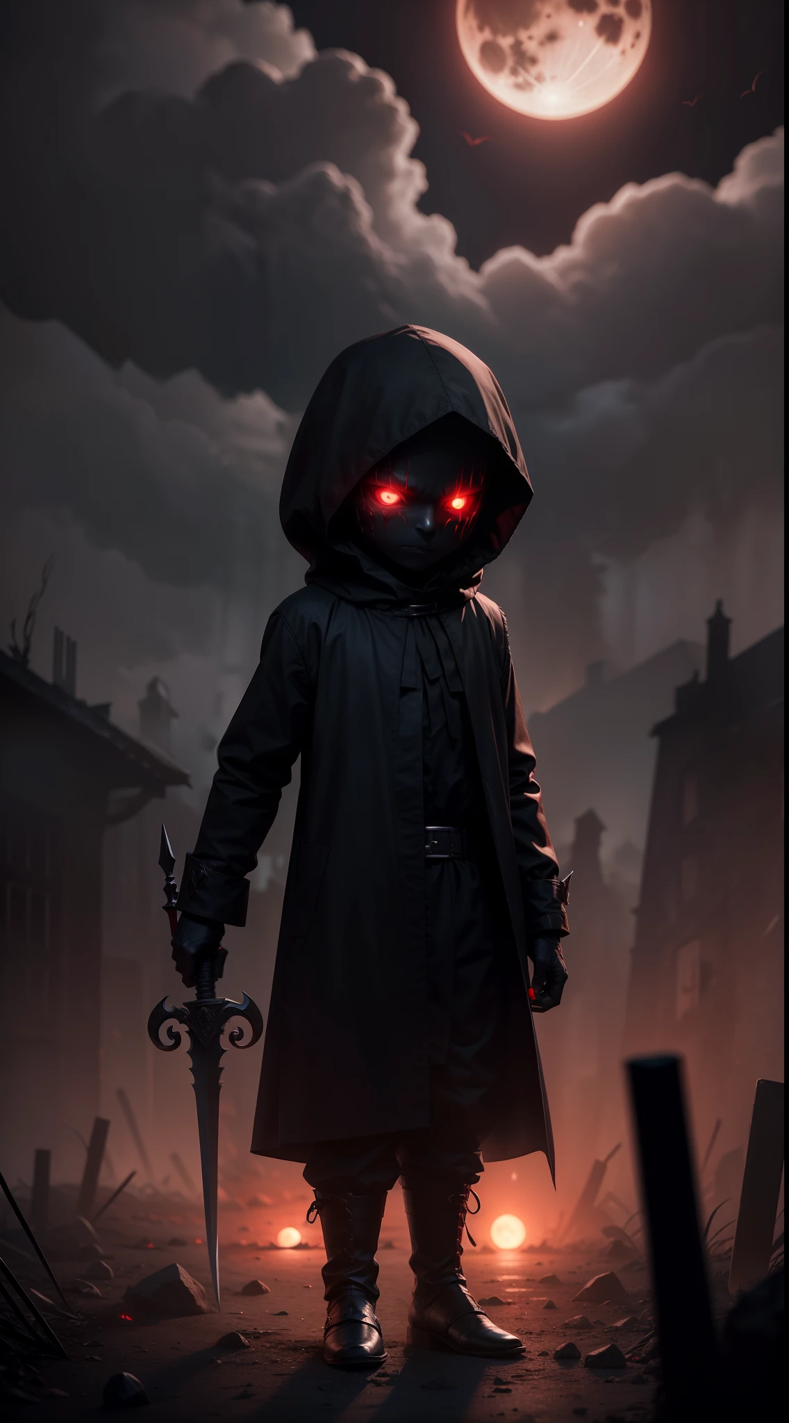 a demonic faceless small_humanoid, with two bladed weapons, scary, horror, night, dark, fall weather, full moon, glowing red eyes, evil, 1600s