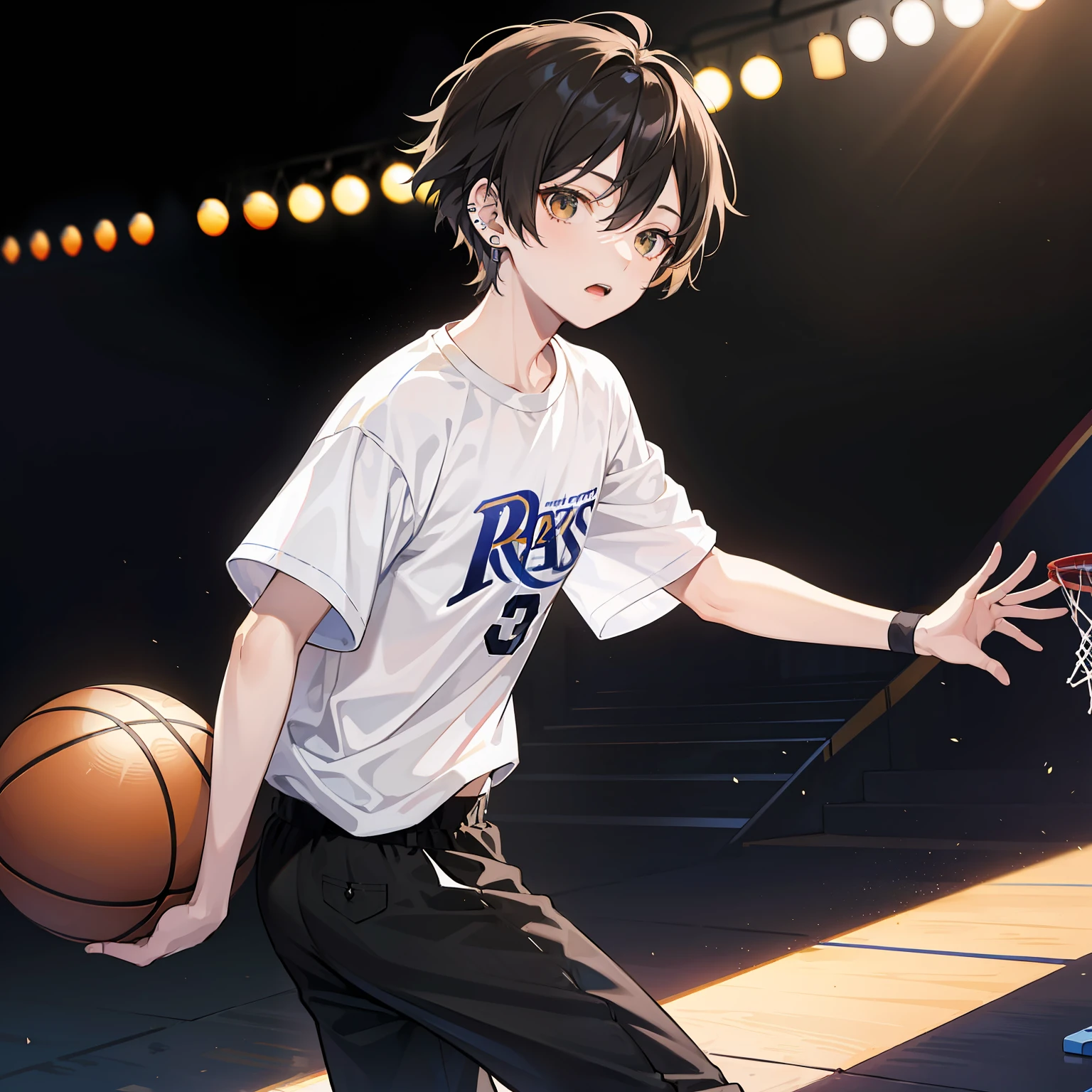 12 year old boy（relaxed、rays of sunshine），Short delicate hairstyle，black color hair，light brown eyes，whitet-shirt，shorter pants，basketball ball，ear studs，tmasterpiece，High Picture Quality。