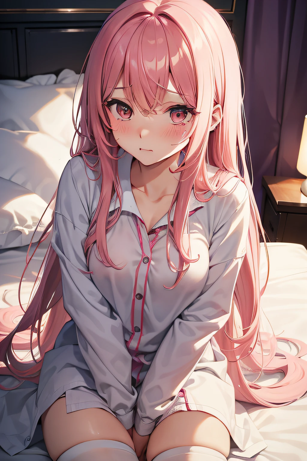 (Best Quality,High resolution,8K,finelity detailed background,Masterpiece:1.2),beautiful girl,Shiny pink hair,messy hair,Pink eyes,Gentle look,A refreshing look,Best quality,Best Quality,Aesthetic and aesthetic:1.2,Best details((Super detailed))(High-definition CG illustrations),cuteパジャマ,Slender body,night,Moonlight,Bedroom,On the bed,smile,blush,cute,Scrounge,Looking up,Being spoiled,super model,wariza,shoot from below
