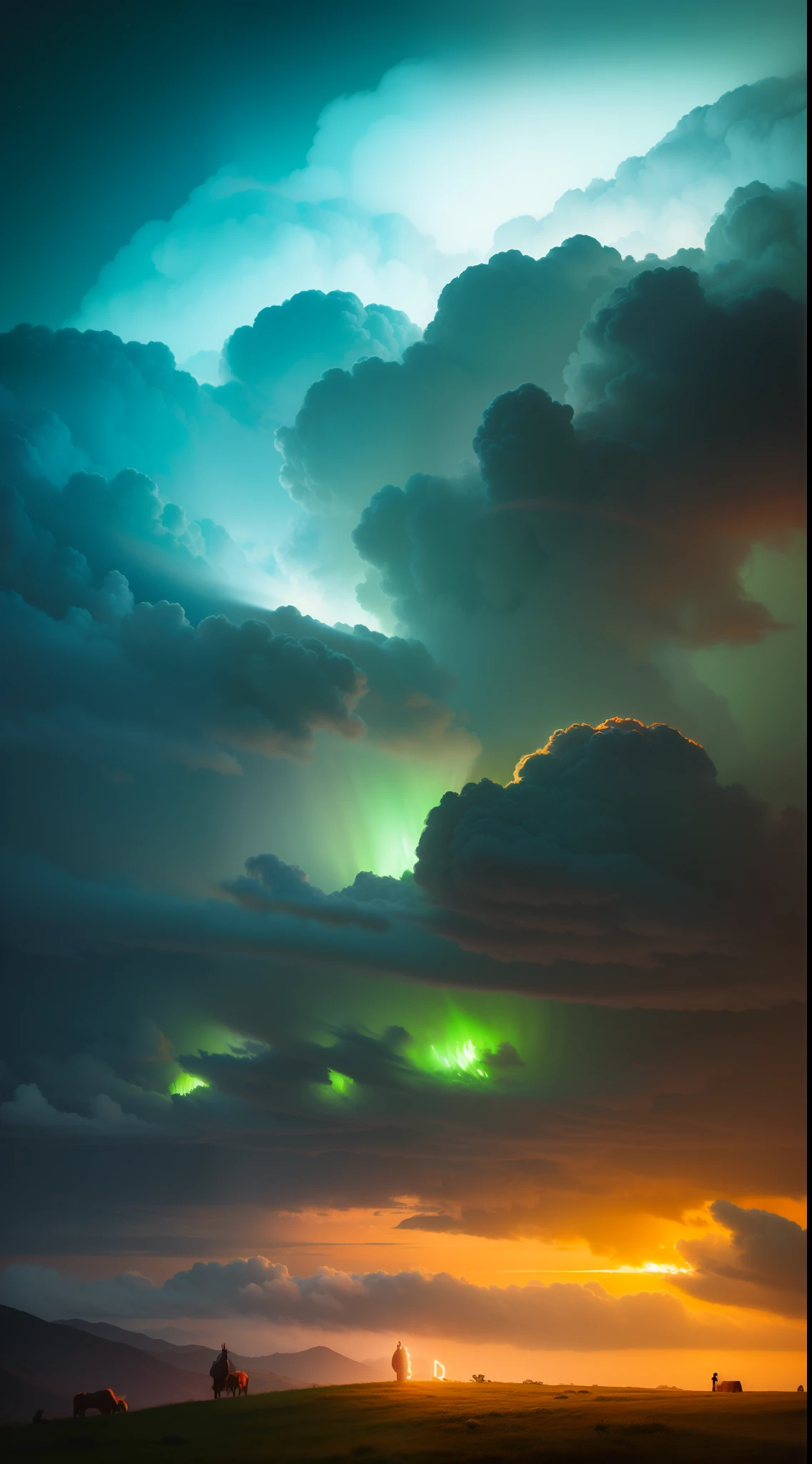 Divinely beautiful neon-lit clouds, pastoral, DreamShaper, happy, style of Noah Bradley, in green muted tones
