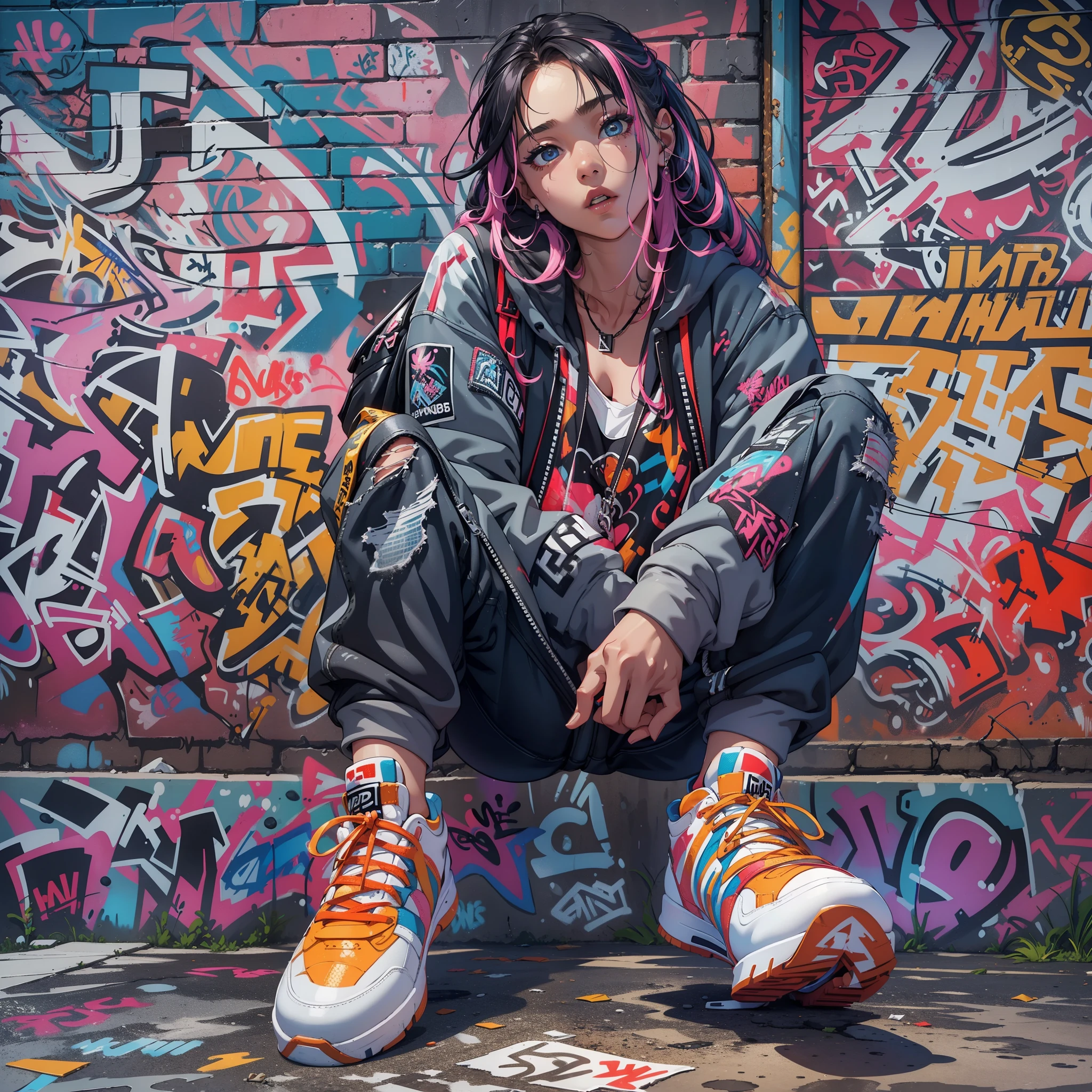 One Girl In A Back Alley、(Super Detail)、(8K)、((Hip Hop Fashion))、(graffiti wall)、(full body Esbian)、(hyperdetailed face)、(Detailed feet)、(Detailed hand)、(Cool Face)、(crouching down)