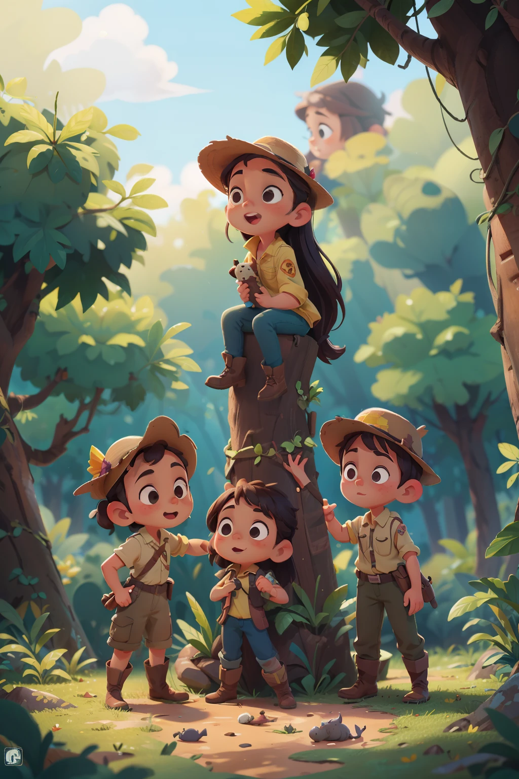 3 meninas 1 menino, Jornada dos Pequenos Exploradores:na floresta, bota de trilha azul, aventura, indiana Jones, animais