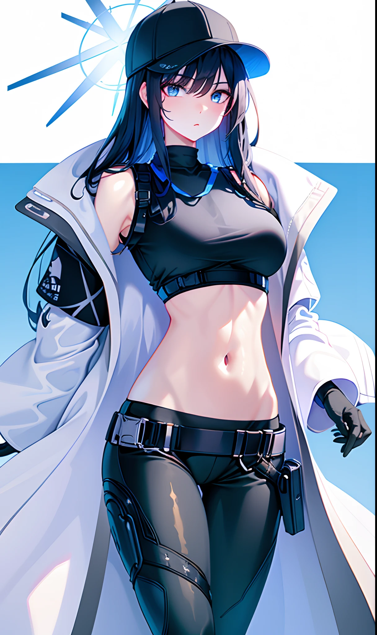 saori, {best quality}, {masterpiece}, detailed, (illustration), 1girl, solo, long hair, navel, breasts, hat, blue eyes, pants, baseball cap, black headwear, black gloves, stomach, crop top, sleeveless, halo, large breasts, black shirt, black mask, black pants, black hair, cowboy shot, bangs, looking at viewer, sleeveless shirt, blue hair, holster, bare shoulders, standing, white background, underbust, expressionless, street, long navel, nice navel, ribs, coat, white coat, open clothes, open coat