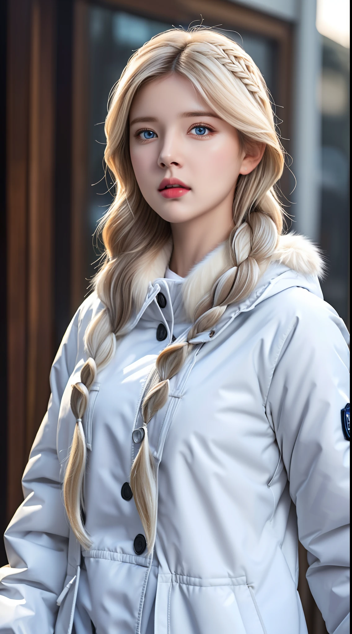 (hyperrealistic), (illustration), (high resolution), (8K), (extremely detailed), (best illustration), (beautiful detailed eyes), (best quality), (ultra-detailed), (masterpiece), (wallpaper), (photorealistic:1.4), (natural light), (rim lighting), (detailed face), high detailed realistic skin texture, anatomically correct, solo, 1 girl, (high detailed realistic long white hair:1.5), (two braided hair:1.4), heterochromic eyes, (detailed blue eyes), small moles under the eyes, (realistic big breasts:1.5), long legs, tight abs, dynamic pose, (closed mouth:1.4), (long white Parka with fur only at the collar:1.4), (upon body from head to thighs:1.4), (Beautiful Cute Pakistani Woman:1.55), standing, outdoor, snowing, winter,