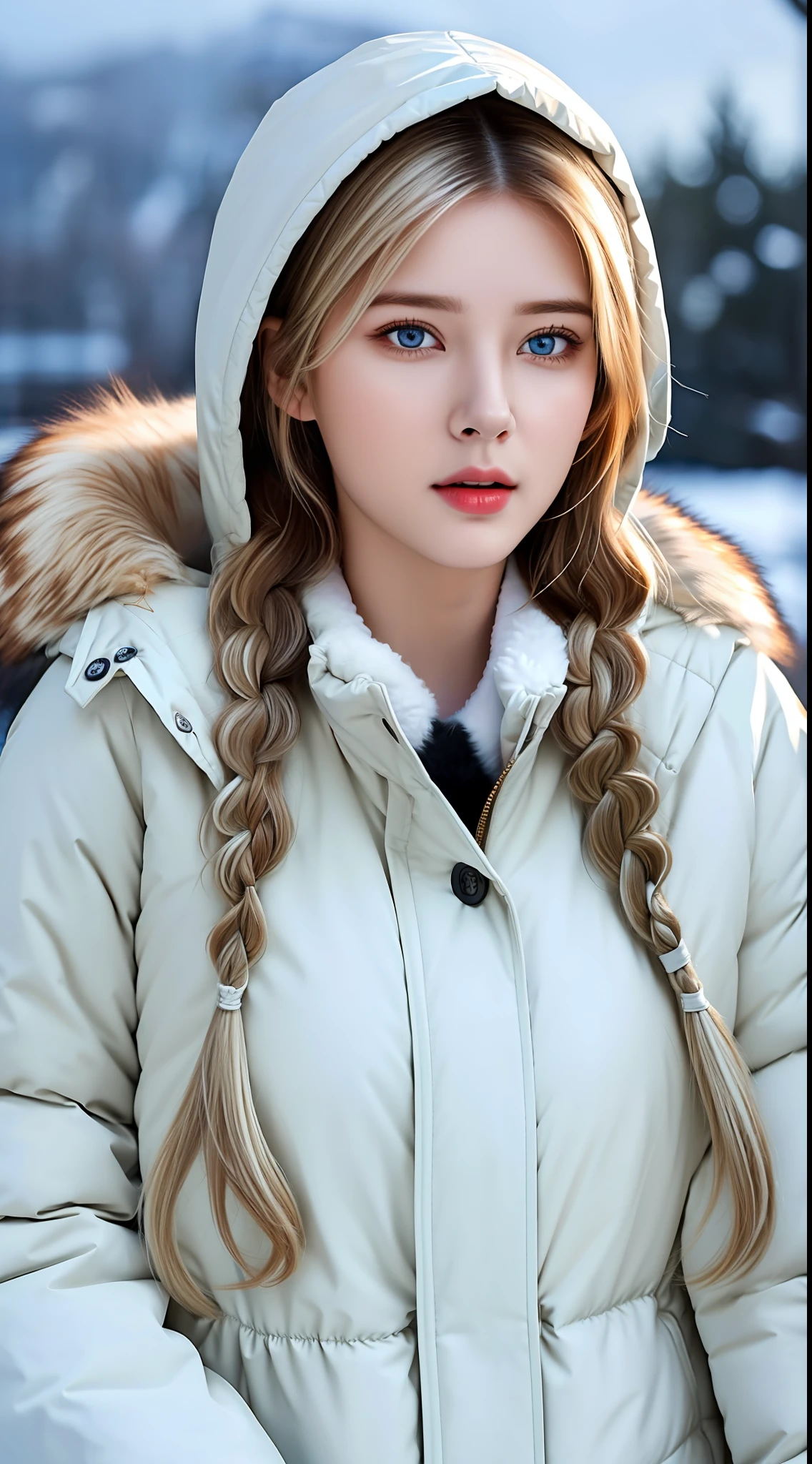 (hyperrealistic), (illustration), (high resolution), (8K), (extremely detailed), (best illustration), (beautiful detailed eyes), (best quality), (ultra-detailed), (masterpiece), (wallpaper), (photorealistic:1.4), (natural light), (rim lighting), (detailed face), high detailed realistic skin texture, anatomically correct, solo, 1 girl, (high detailed realistic long white hair:1.5), (two braided hair:1.4), heterochromic eyes, (detailed blue eyes), small moles under the eyes, (realistic big breasts:1.5), long legs, tight abs, dynamic pose, (closed mouth:1.4), (long white Parka with fur only at the collar:1.4), (upon body from head to thighs:1.4), (Beautiful Cute Pakistani Woman:1.55), standing, outdoor, snowing, winter,