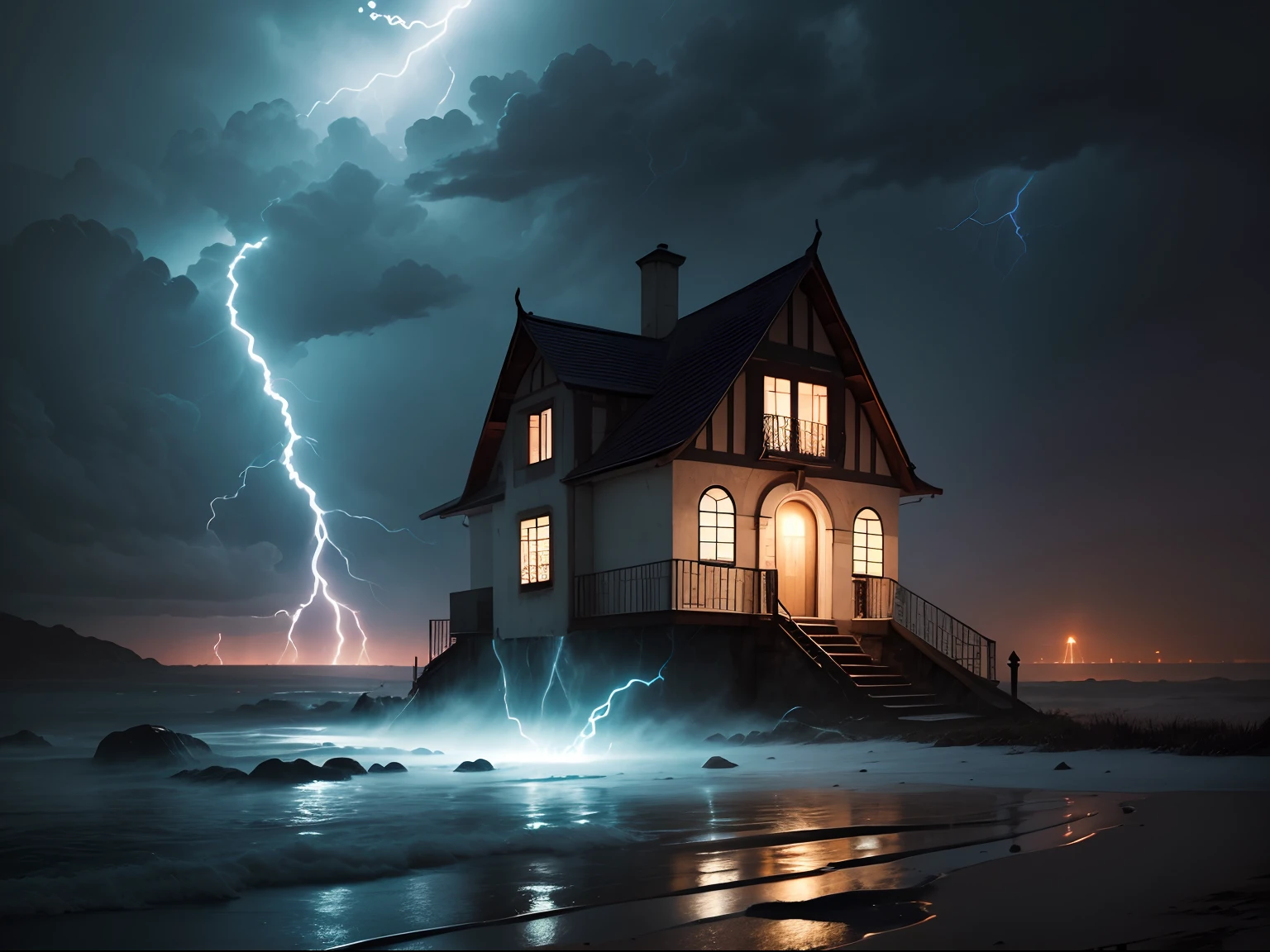 sinistro, escuro, a house at night, campo, preto, vermelho, congelado, frio, gelado, sinistro, horror, assustador, (lightning), (lightning), (lightning), tempestade, cloudy skies, fog, nevoeiro, lua cheia, brilhante, aura sinistra Halo, paisagem, obra-prima, melhor qualidade, detalhe intrincado, absurdos --auto