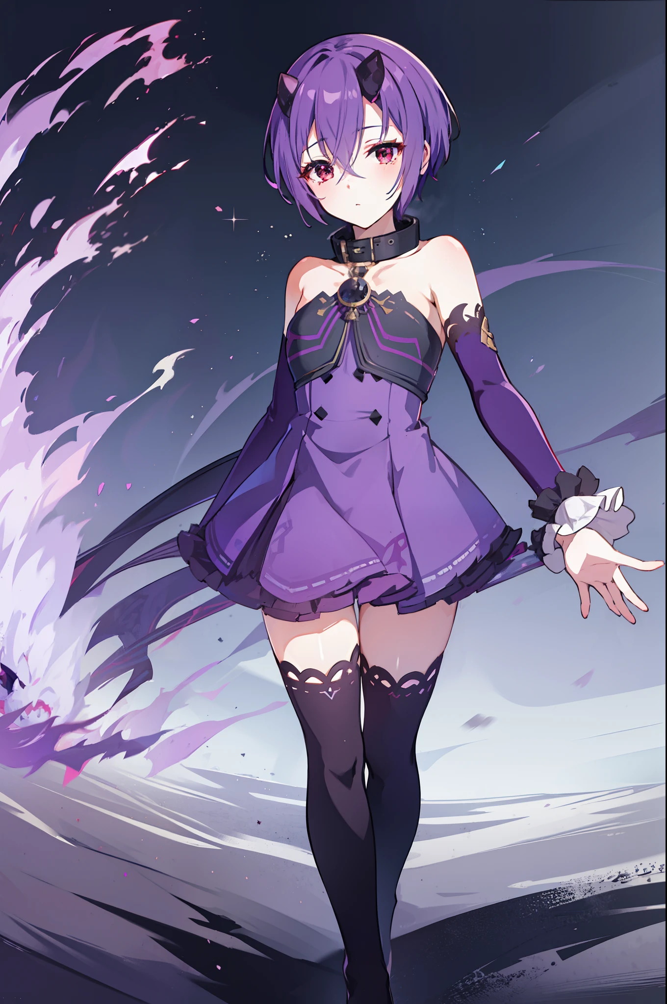 One girl, short purple hair, better shadows, better light, better facial detail, red eyes, portrait, very angry, devil smile.