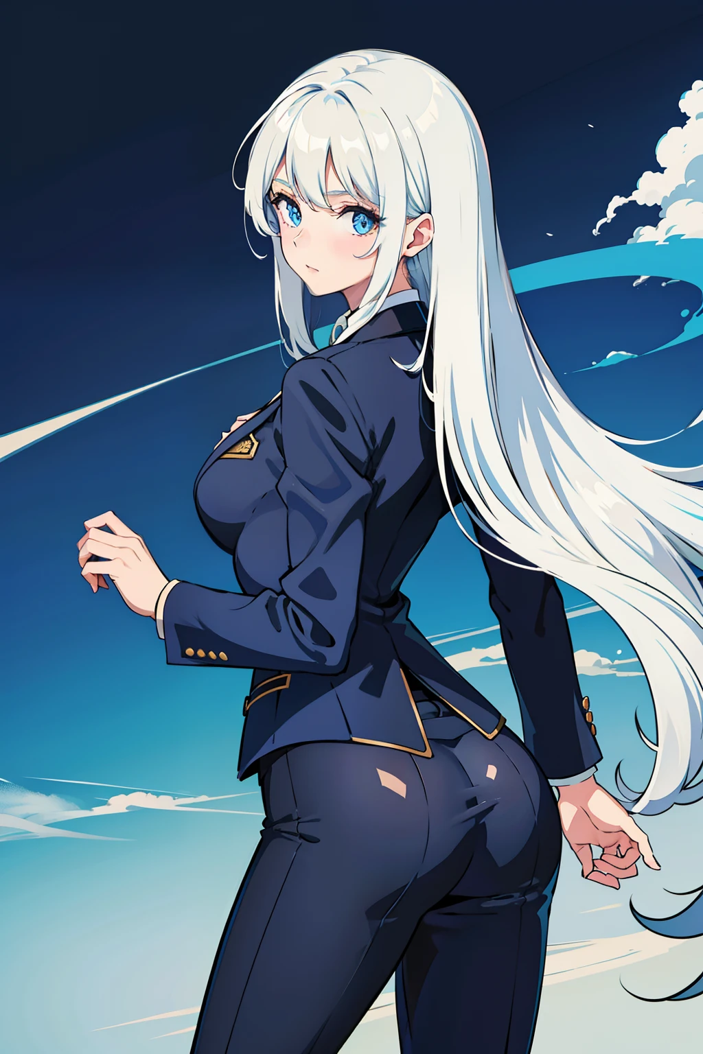 One cocked her ass,Beautiful woman in men's suit,long white hair,blue color eyes。