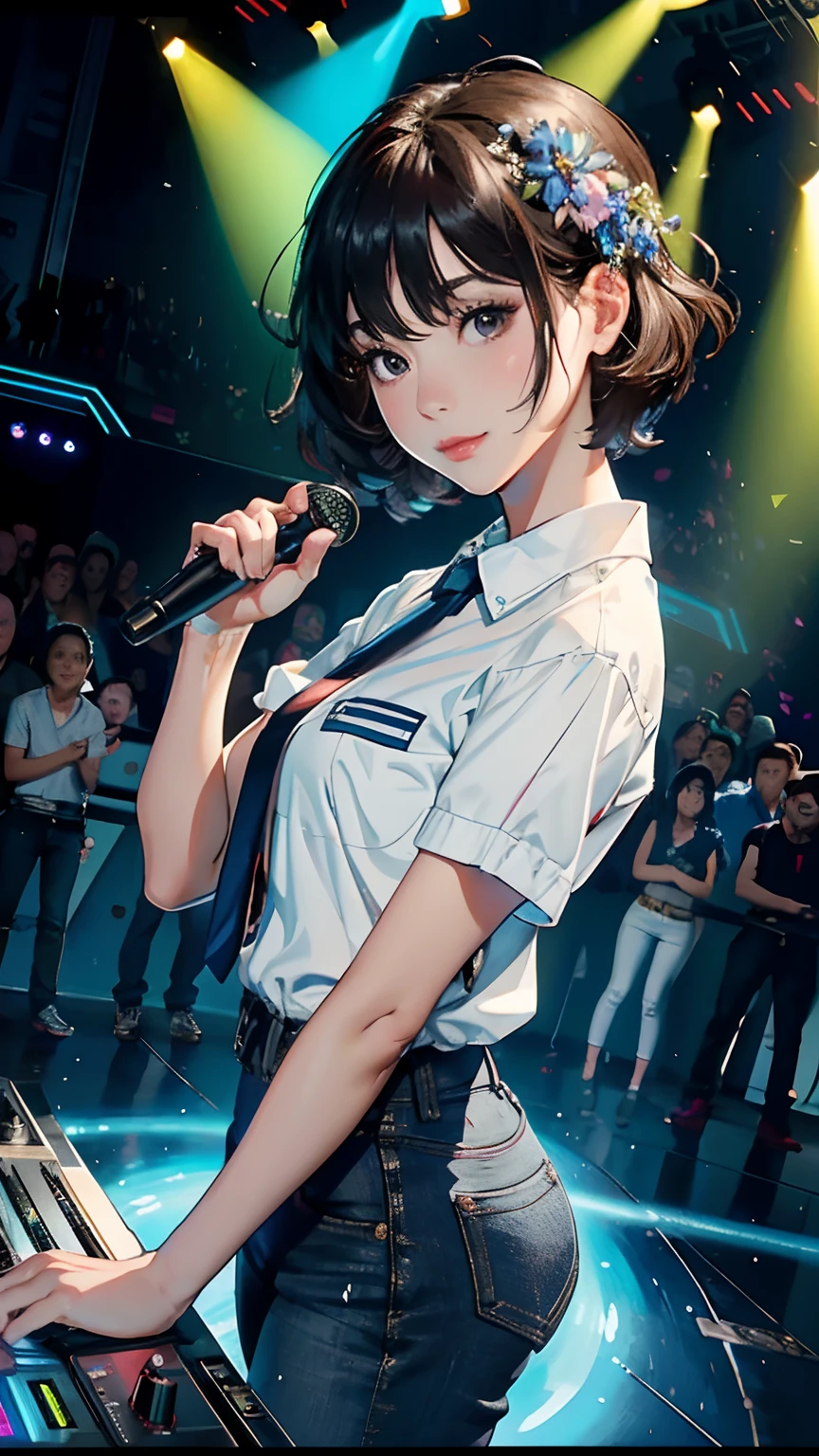 Beautiful short hair cute Chinese ultra modern girl DJ performance,Twenty-two years old,(face round:1.3),A shallow shy smile,（large black eyes）,（Very detailed and perfect facial depiction）,(Short dark brown hair coiled:1.1),（A half body:1.2）, （DJ girl playing to the audience on a shiny stage:1.3), One hand on the DJ machine，The other hand waved，White silk shirt, dark blue denim jeans，facing to audience，(From the bottom view side), Excitement and joy,(A variety of flowers:1.2),（surrounded by flower:1.2), beautiful sexy girl,（light and shadow effect）,（vivd colour）,（Obvious layers）,（Photography Award）,（8k wallpaper）,（Masterpiece）,（best qualtiy）,A picture,realisticlying
