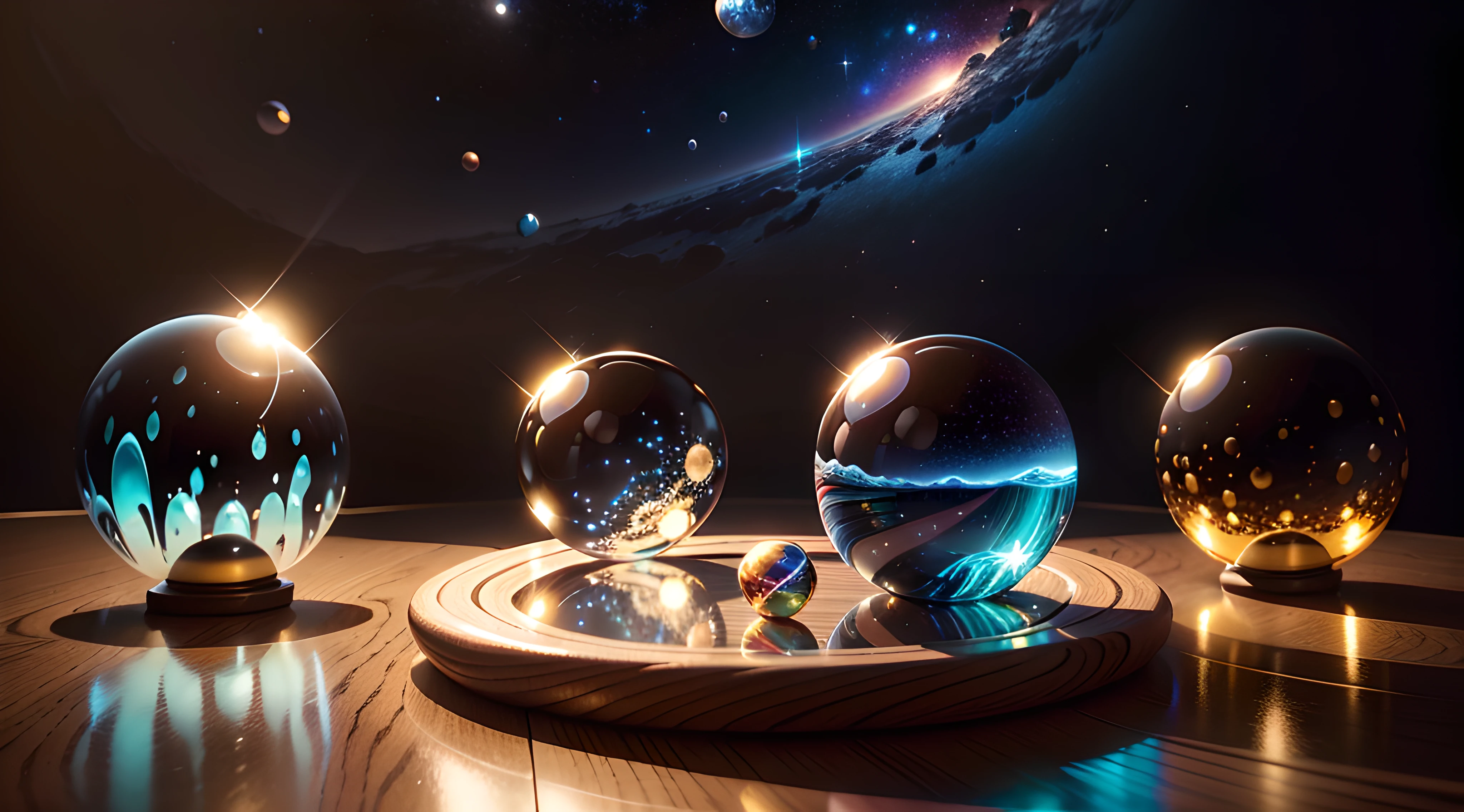Create a surrealistic and realistic scene with several magical glass balls arranged on a polished wooden table. Each glass ball contains a unique universe within, repleto de cores vibrantes e paisagens celestiais. The texture of the glass is intricately rendered, capturing variations in translucency and reflecting ambient light with subtlety. The shadows cast by the balls are accurate and realistic, contributing to the sense of depth. The light refracts authentically through the balls, producing bright reflections that dance delicately on the surface of the glass. Each universe contains a planet with realistic geographical features, enhanced by meticulous detail. As bolas flutuam levemente acima da mesa, creating an ethereal and magical atmosphere. The careful symmetry of the scene is accentuated by sharp lines that stretch across the table and the surrounding space. The background is the infinite cosmos, with twinkling stars and constellations, proporcionando um contraste fascinante com as esferas de vidro. A imagem, renderizada em UHD 8k usando o Octane Render, It's a true masterpiece that combines realism and surrealism in a dazzling way, inviting the viewer to explore the worlds contained in these magical glass balls.