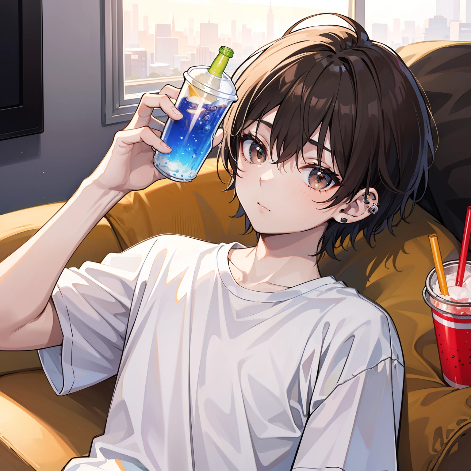 12 year old boy（relaxed、The light of the sun），short detailed hair，dark brown colored eyes，White T-shirt，ear studs，soda pop，tmasterpiece，Very high quality。