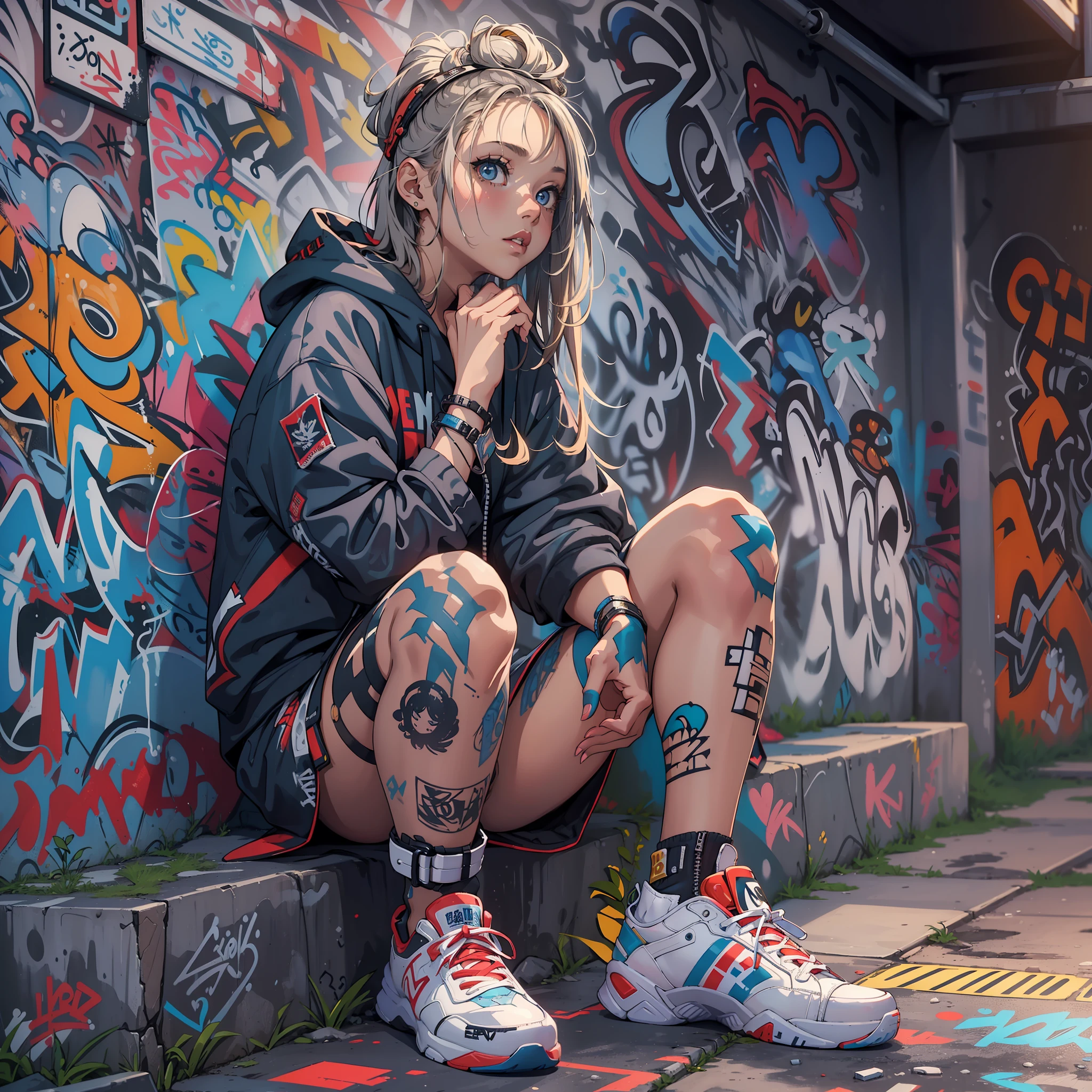 One Girl In A Back Alley、(Super Detail)、(8K)、((Hip Hop Fashion))、(graffiti wall)、(full body Esbian)、(hyperdetailed face)、(Detailed feet)、(Detailed hand)、(Cool Face)、(sitting with knees arised)、(Put your hands on your knees)