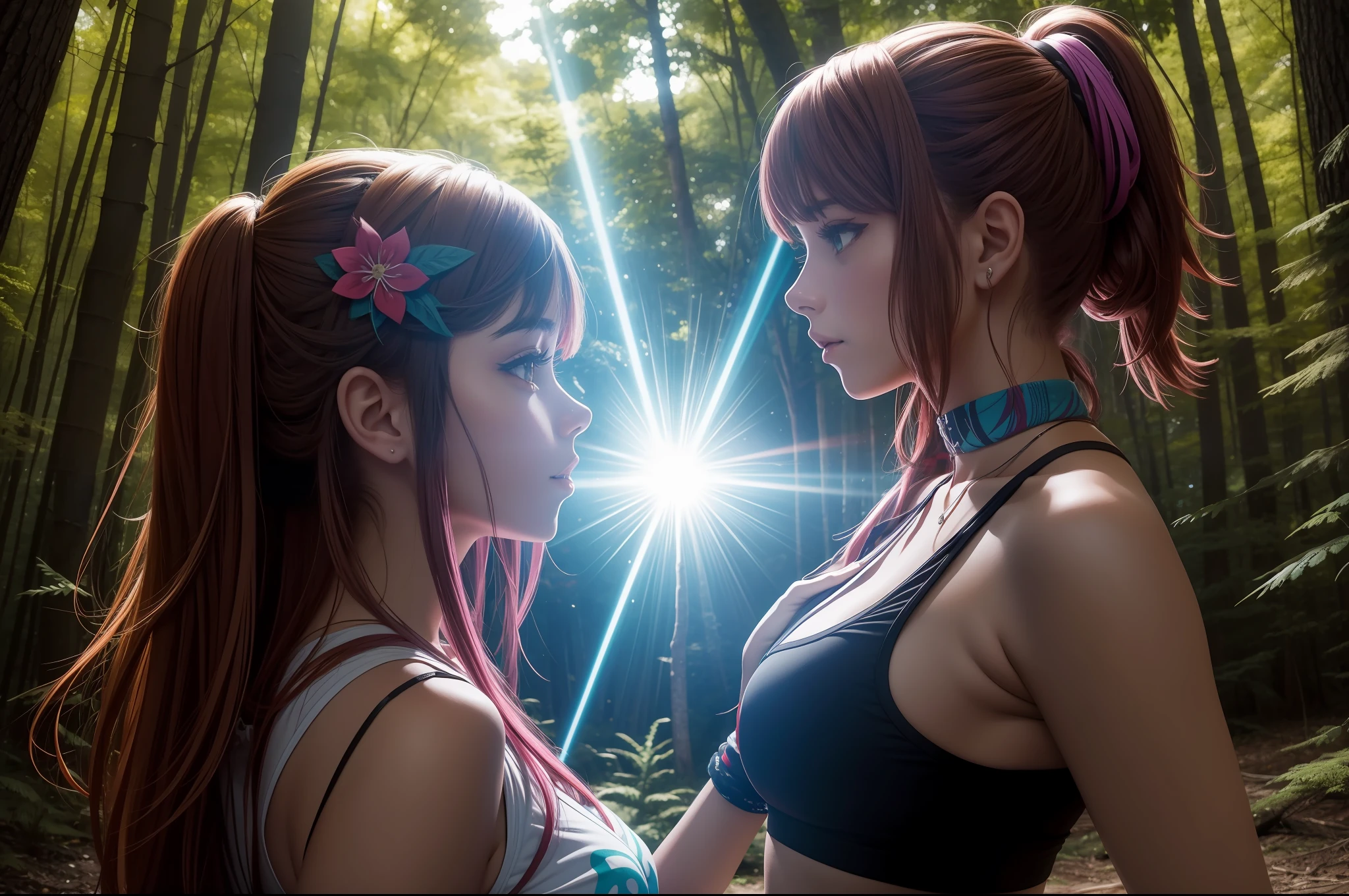 Anime style. In the middle of a large forest in North America a rave is celebrated. Es verano, hace calor, Es de noche y hay hogueras que dan buena luz a la imagen. Una mujer de gran belleza con un look alternativo y pseudo-hippie baila con los brazos abiertos en estado de euforia y trance. (La mejor calidad) (obra maestra)