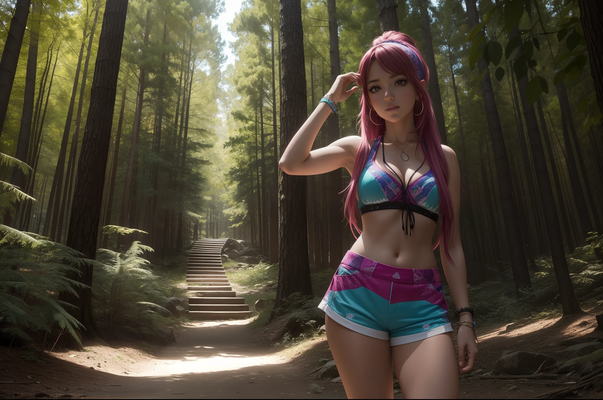 Anime style. In the middle of a large forest in North America a rave is celebrated. Es verano, hace calor, Es de noche y hay hogueras que dan buena luz a la imagen. Una mujer de gran belleza con un look alternativo y pseudo-hippie baila con los brazos abiertos en estado de euforia y trance. (La mejor calidad) (obra maestra)
