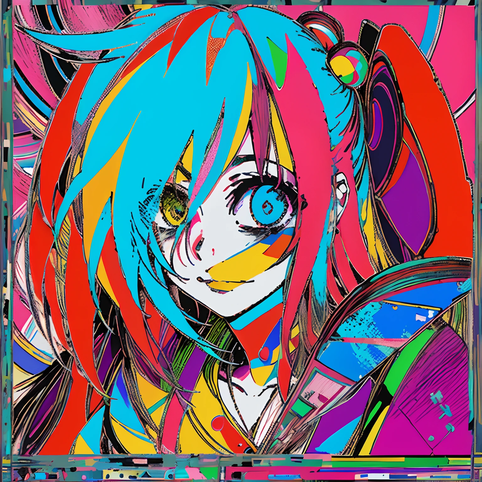 (masterpiece, top quality, best quality, official art, breakcore aesthetic:1.2), 1 girl, anime art, profile picture, abstraction, glitch, digital distortion, pixelated fragments, data corruption, colorful noise, visual chaos, orange outfit, cyberwings, white long hair, four eyes, face tatto, electrical wires around body