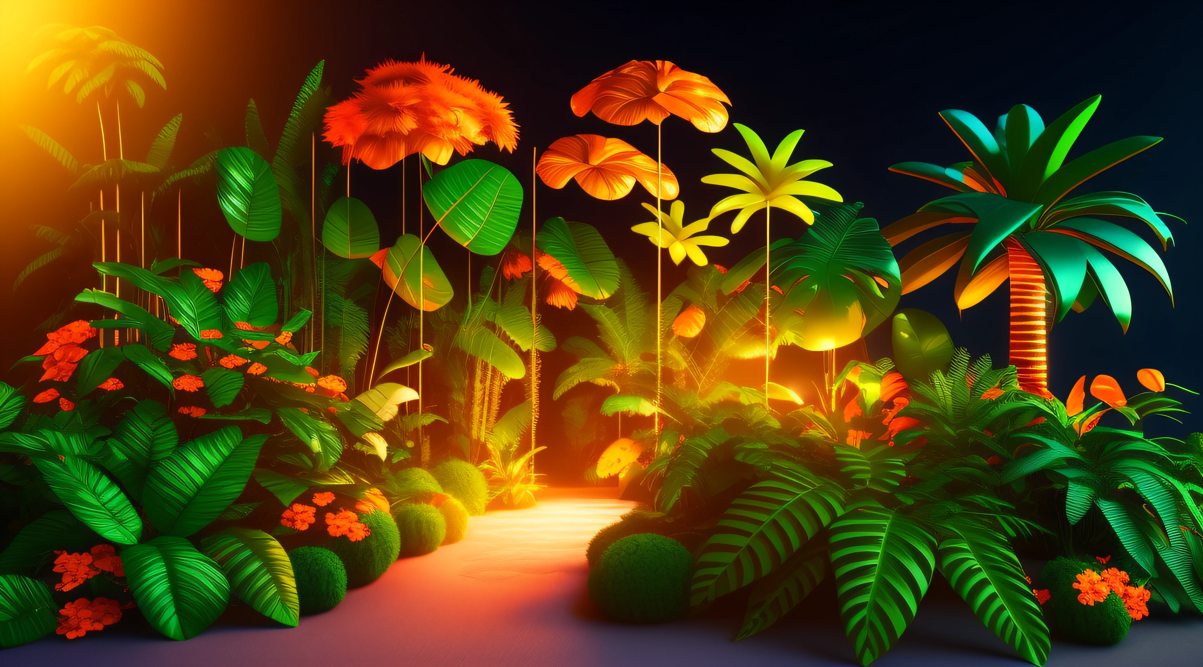 highly detailed 3d render of a night jungle, front view, with cute plants, flowers and animals, orange dark green gradient background.