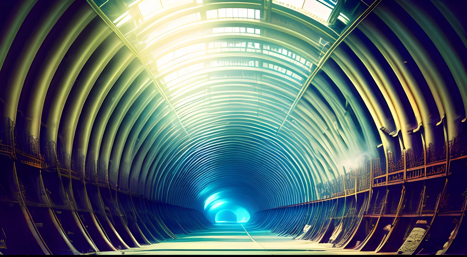 alien worlds,Inside the rib tunnel,Spinal structure,There is no end,fog atmosphere,Super rich detail,Extreme realism,Decadence landscape,decrepit,Old photos,Retro,Blurred edges