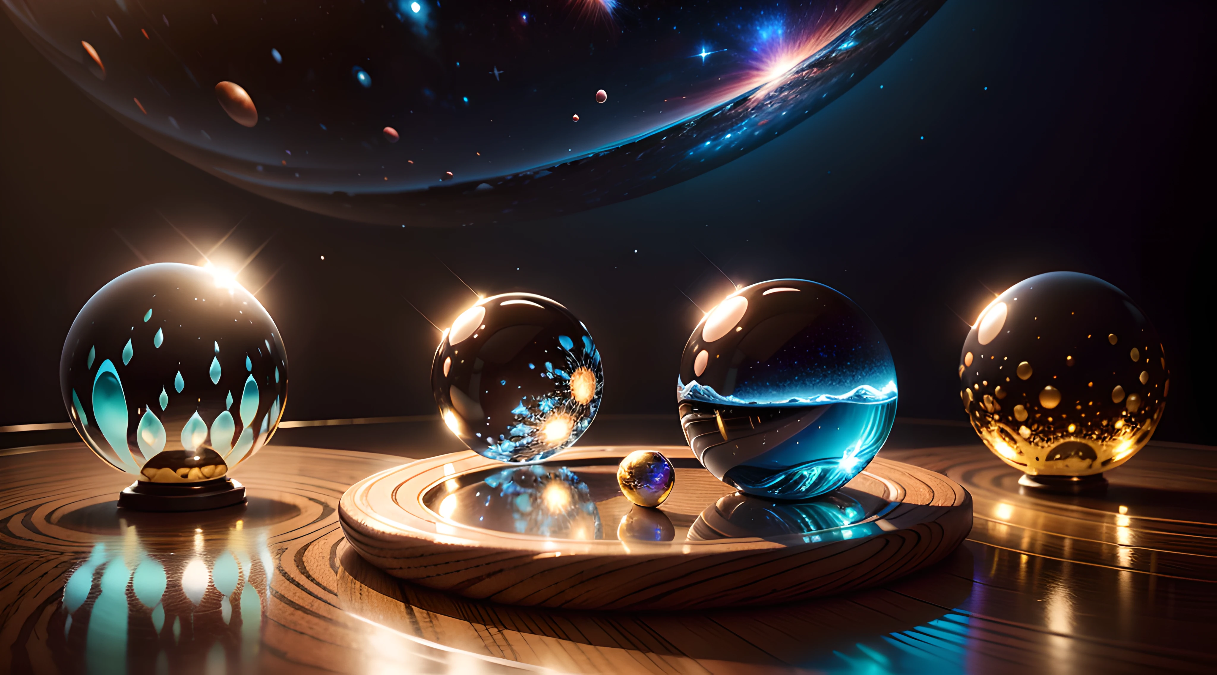 Create a surrealistic and realistic scene with several magical glass balls arranged on a polished wooden table. Each glass ball contains a unique universe within, repleto de cores vibrantes e paisagens celestiais. The texture of the glass is intrinsically rendered, capture variations in translucency and reflect ambient light with subtlety. The shadows cast by the balls are accurate and realistic, contribuindo para o senso de profundidade. Light refracts authentically through the balls, producing bright reflections that dance delicately on the surface of the glass. Each universe contains a planet with realistic geographical features, enhanced by meticulous detail. As bolas flutuam levemente acima da mesa, creating an ethereal and magical atmosphere. The careful symmetry of the scene is accentuated by sharp lines that stretch across the table and into the surrounding space. The background is the infinite cosmos, with twinkling stars and constellations, proporcionando um contraste fascinante com as esferas de vidro. A imagem, renderizada em UHD 8k usando o Octane Render, It's a true masterpiece that combines realism and surrealism in a dazzling way, inviting the viewer to explore the worlds contained in these magical glass balls.