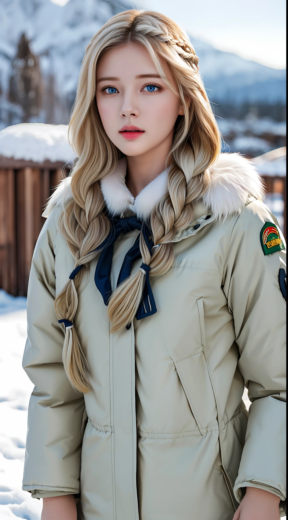 (hyperrealistic), (illustration), (high resolution), (8K), (extremely detailed), (best illustration), (beautiful detailed eyes), (best quality), (ultra-detailed), (masterpiece), (wallpaper), (photorealistic:1.4), (natural light), (rim lighting), (detailed face), high detailed realistic skin texture, anatomically correct, solo, 1 girl, (high detailed realistic long white hair:1.5), (two braided hair:1.4), heterochromic eyes, (detailed blue eyes), small moles under the eyes, (realistic big breasts:1.5), long legs, tight abs, dynamic pose, (closed mouth:1.4), (long white Parka with fur only at the collar:1.4), (upon body from head to thighs:1.4), (Beautiful Cute Pakistani Woman:1.55), standing, outdoor, snowing, winter,