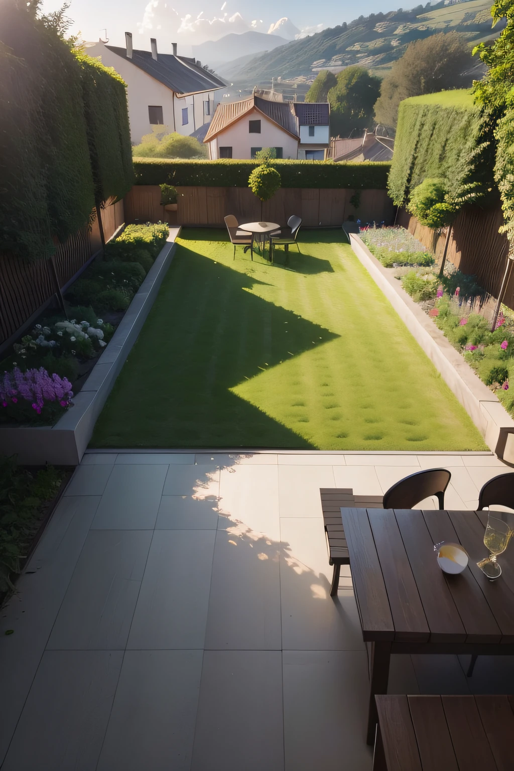 Flat roof with upper garden with an orchard, hiperrealista,fotorealista. Luz de media tarde