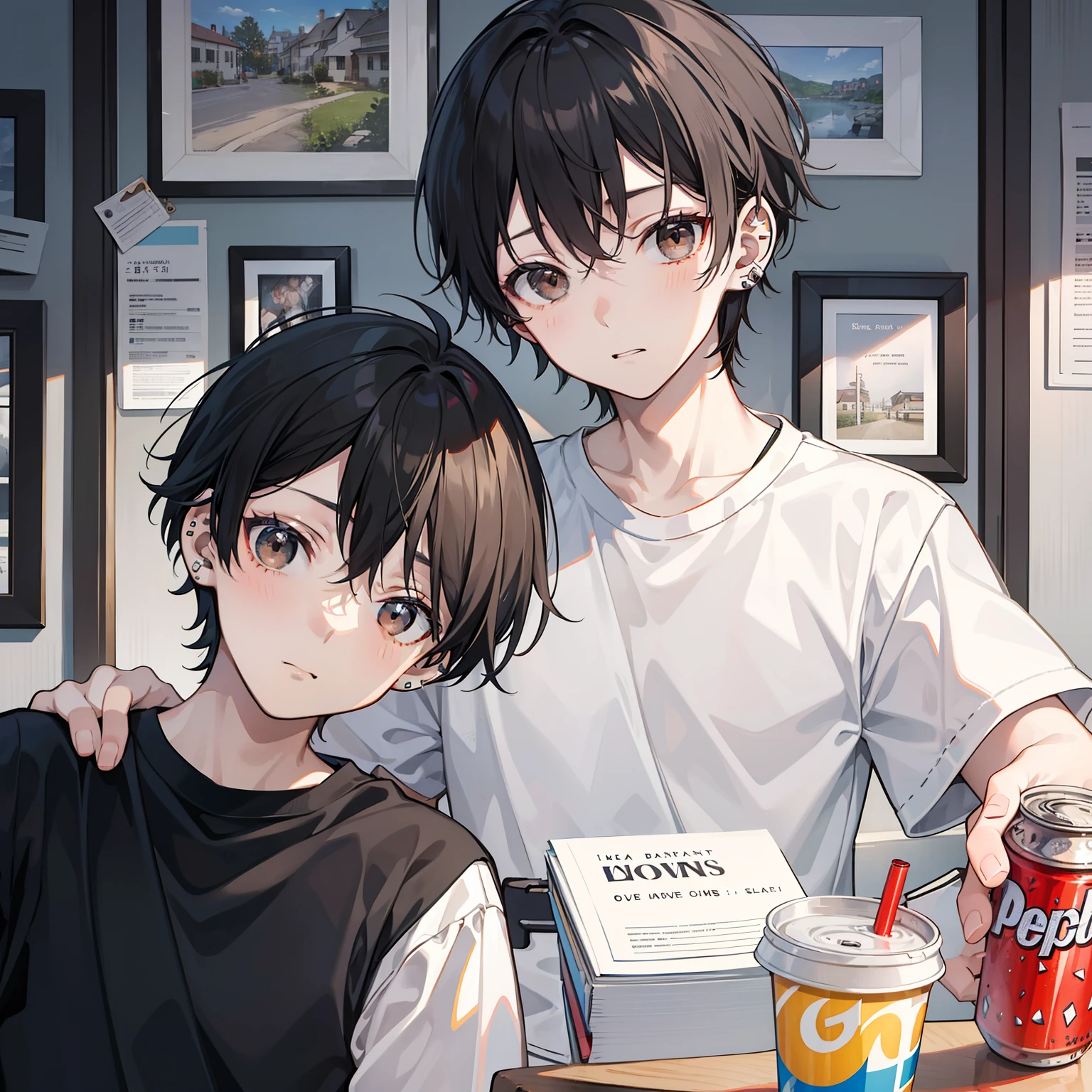  boy（Relaxed、arrogant），with short black hair，Dark brown eyes，whitet-shirt，ear studs，soda pop，peerless masterpiece，Very high quality。