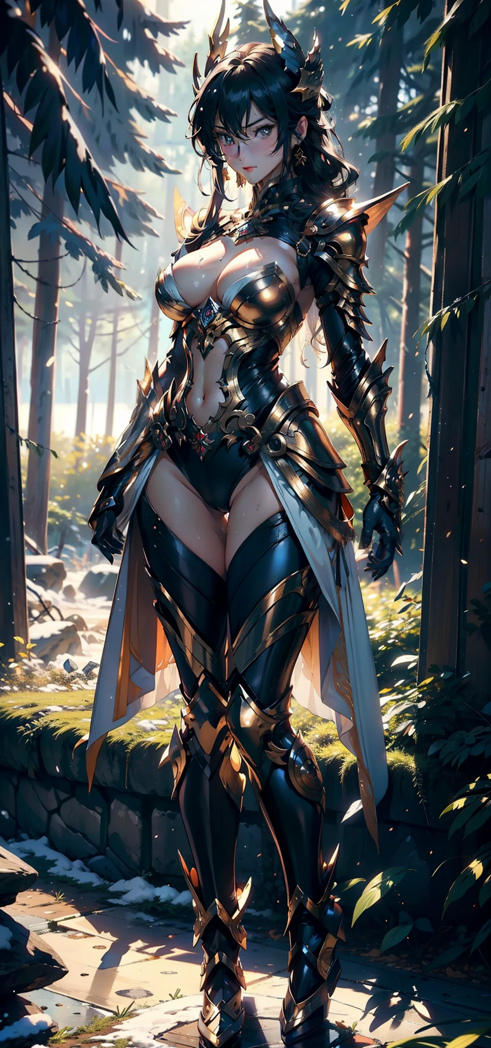 1female，25 age old，Large breasts，Pornographic exposure， 独奏，（Background with：ports，coniferous forest，at winter season，Snow on the ground） Feel free to hairstyle，standing on your feet，Sweat profusely，drenched all over the body，seen from the front， curlies， mostly cloudy sky，（（（tmasterpiece），（Very detailed CG unity 8K wallpaper），best qualtiy，cinmatic lighting，detailed back ground，beatiful detailed eyes，Bright pupils，（Very fine and beautiful），（Beautiful and detailed eye description），ultra - detailed，tmasterpiece，）），facing at camera，A high resolution，ultra - detailed），revealing breasts，Bare genitalia， Bulge，Camel toes，Raised sexy，Flushed complexion，Open-mouthed，frontage，，Gold Saint Seiya，Armour