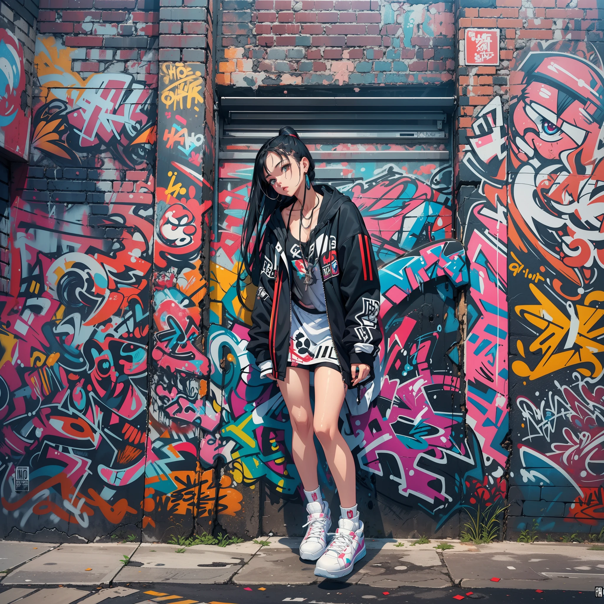 One Girl In A Back Alley、(Super Detail)、(8K)、((Hip Hop Fashion))、(graffiti wall)、(full body Esbian)、(hyperdetailed face)、(Detailed feet)、(Detailed hand)、(Cool Face)、(Standing)、(low angles)