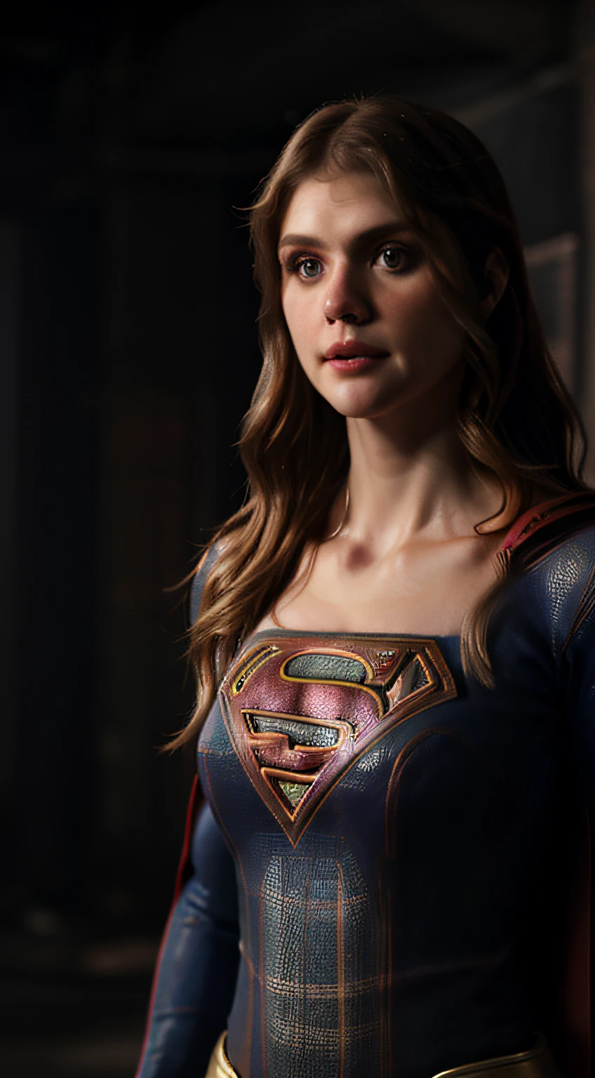 close-up, woman (supergirl suit), ((Alexandra Daddario)), looking at viewer, front view, heroic pose, photorealistic, ultra-detailed, intricate detail, super detailed, volumetric, HDR, Realistic, Unreal engine, 16k, sharp focus, octan rendering, high quality, RAW photo, cinematic composition,