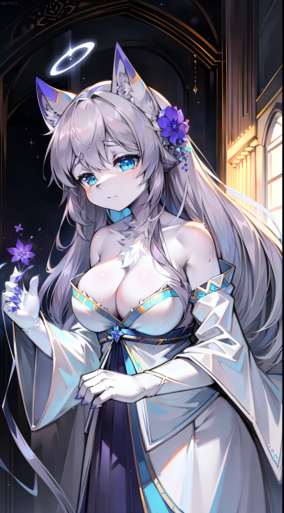 Angel costume,The halo,Light wings,Big-tailed wolf,Gray hair,blue color eyes,Female,long whitr hair,holy rays,violet flower