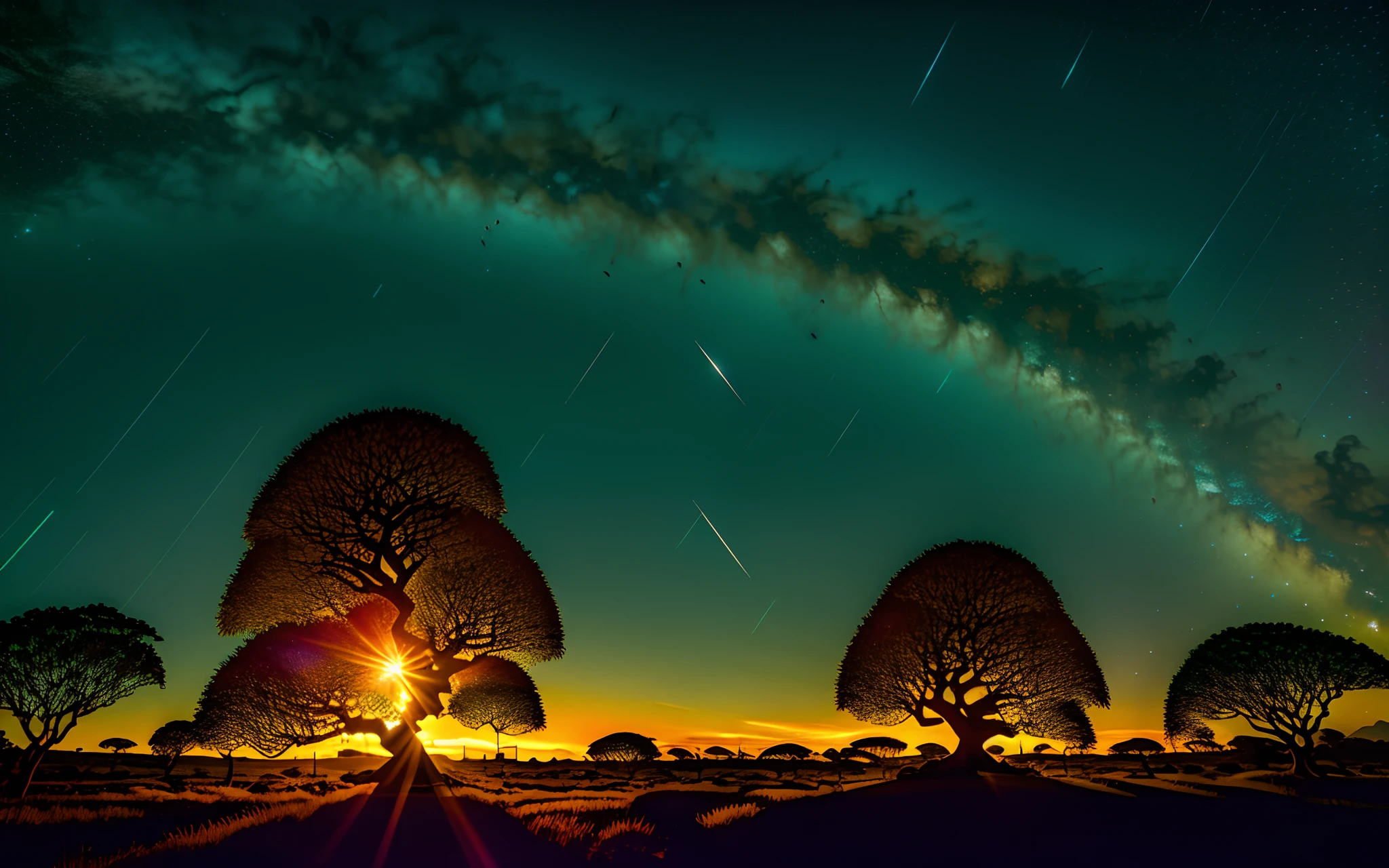Um campo verde com o por do sol com uma cor laranja forte com estrelas dividindo com a noite com bastante arvores