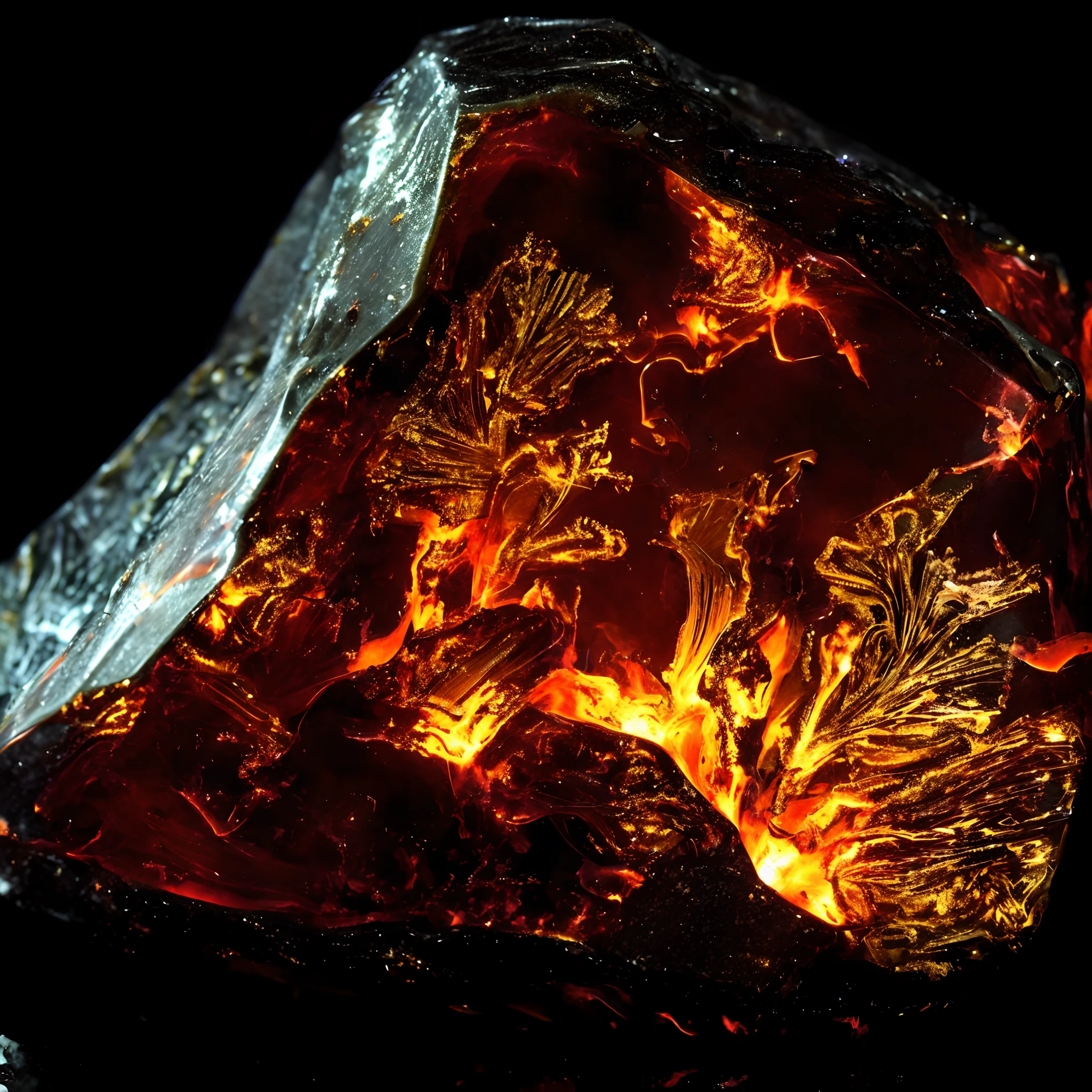 An elemental fire obsidian displays a deep and intense black hue, reminiscent of the volcanic rock from which it originates. Embedded on its surface, golden patterns dance like frozen flames in glass, gleaming with a warm radiance. The stone itself radiates heat, creating a faint shimmer in the air around it. Its interior seems to house a blazing energy, capturing the reddish and orangish tones of ever-moving flames. Every angle reveals a play of light and shadow, as if fire is trapped within the very essence of the stone.