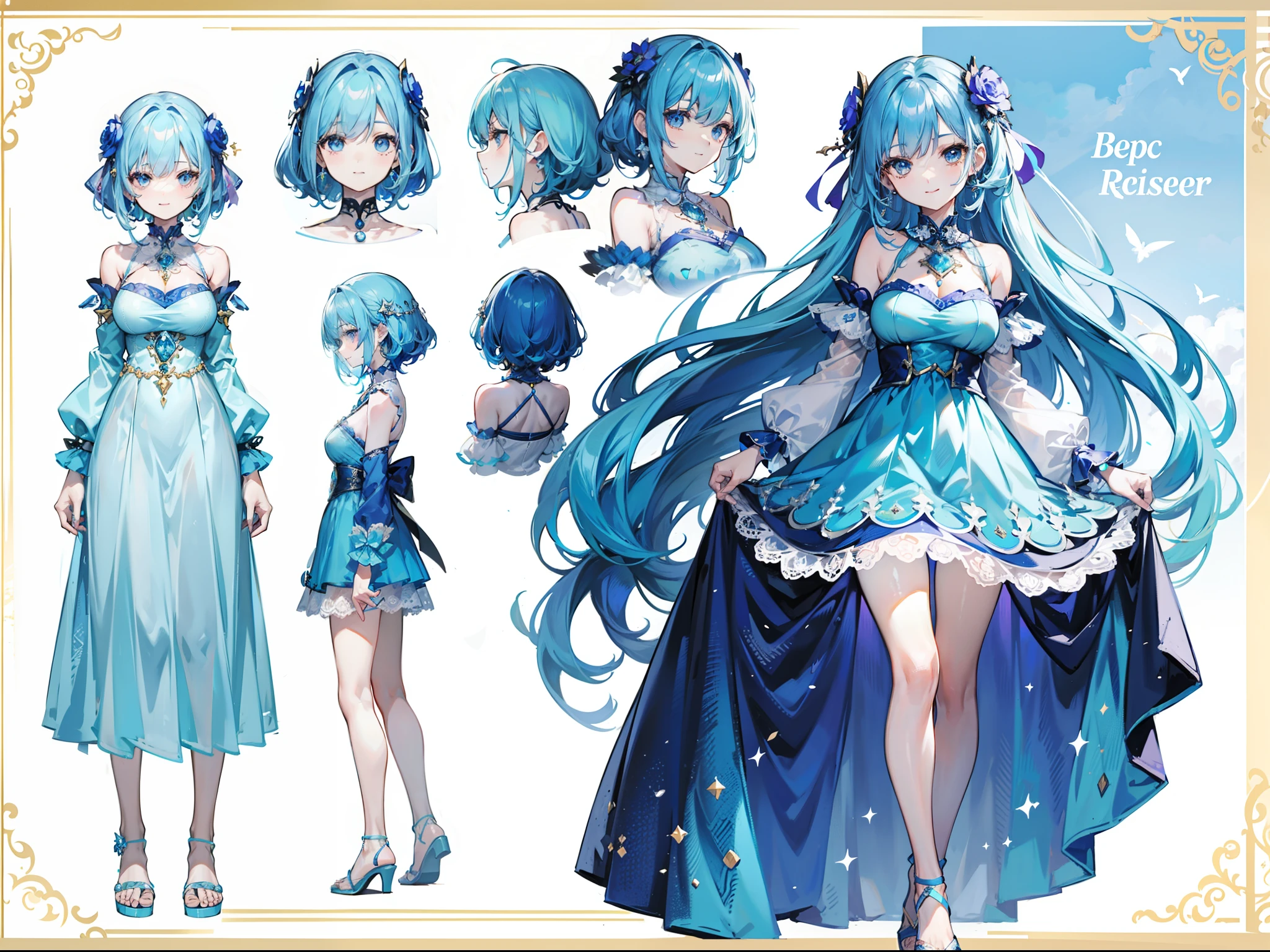 Blue-haired beautiful girl,curlies,with hair dishevelled,pastel blue dress,A deep blue gemstone is set on the chest,bare-legged,Wear blue ankle rings on your ankles,A staff holding a deep blue gemstone,With a smile,epic exquisite character art, Amazing characters,character design sheet,Character emoticon design table,(reference sheet:1.5)