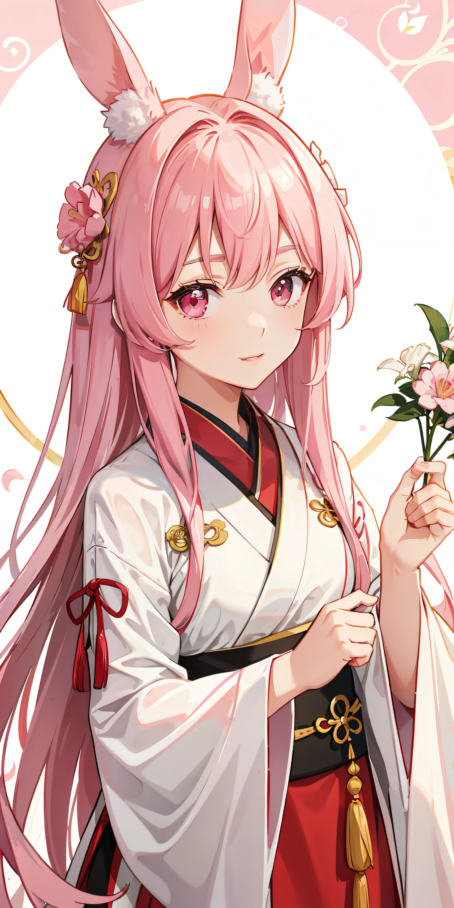 A lovely character，She wears Hanfu，sunlighting，The background is pink wallpaper，The hair and eyes are pink，Comes with cute rabbit ears。(best quality:1.2)