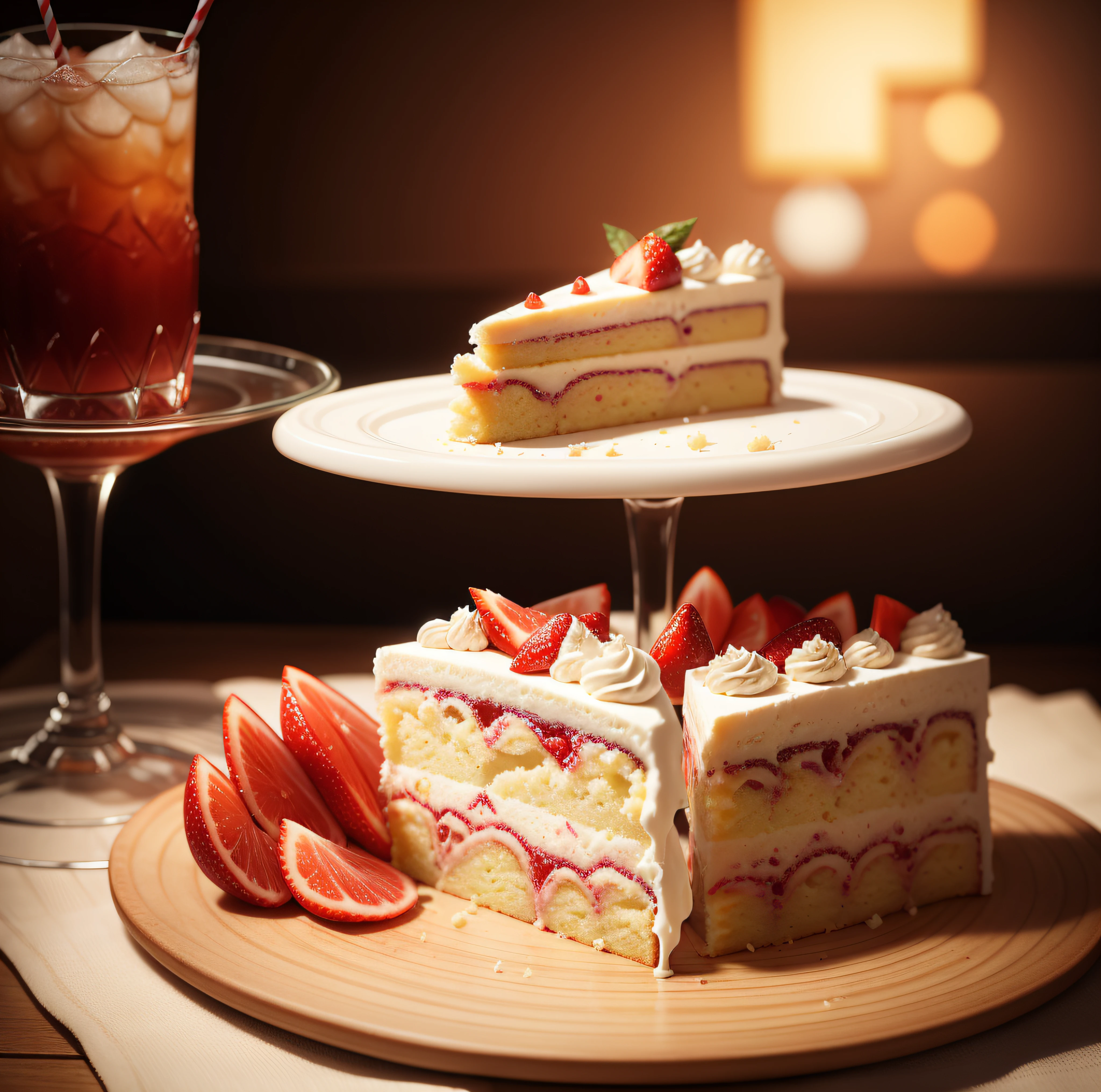 There are two slices of cake and a drink on the table